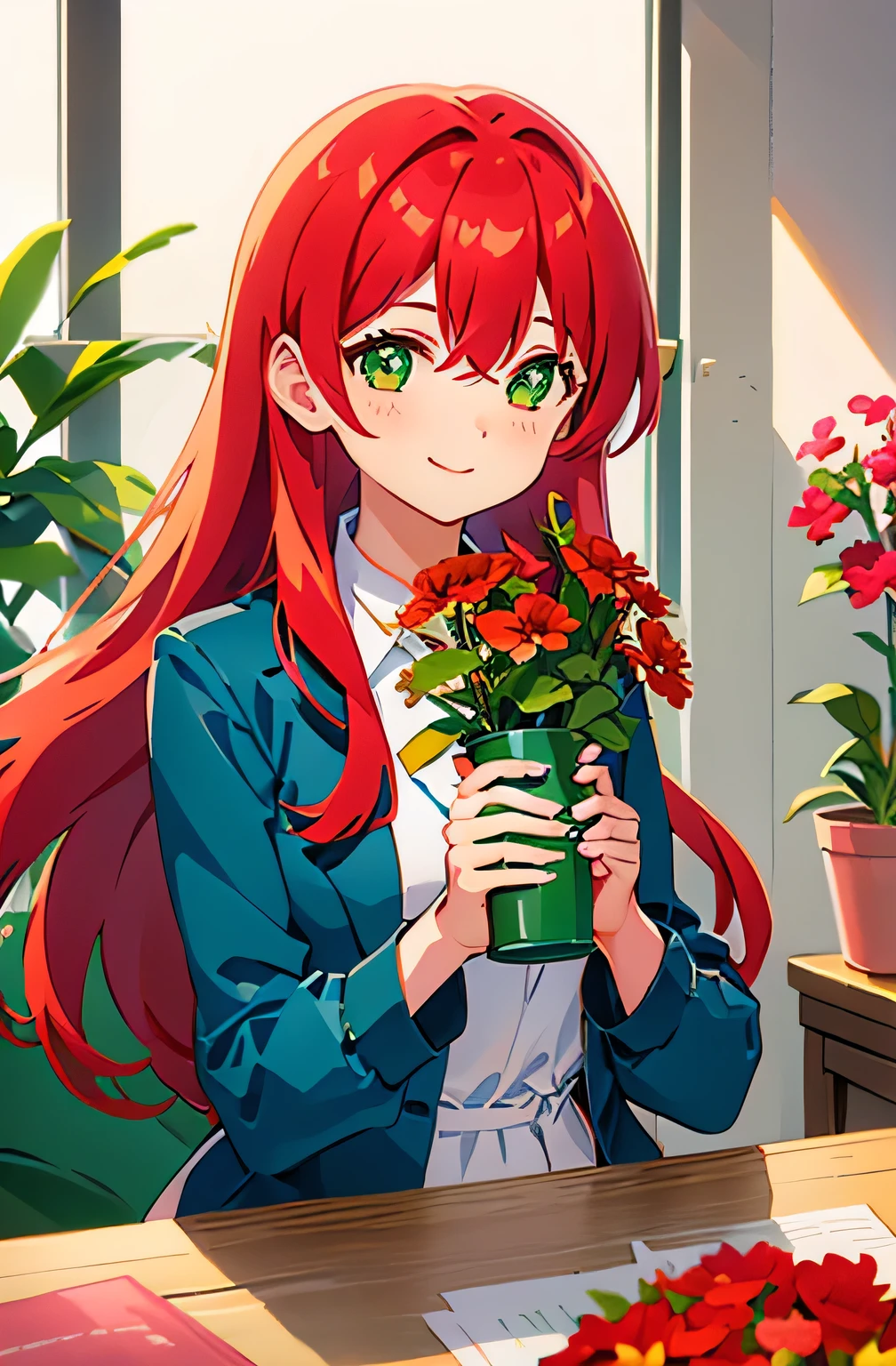 1girl, bangs, red_hair, bouquet, breasts, flower, flower_pot, green_eyes, hair_between_eyes, holding, holding_flower, indoors, jacket, long_hair, looking_at_viewer, plant, potted_plant, purple_flower, red_jacket, ribbon, smile, solo, vase, watering_can