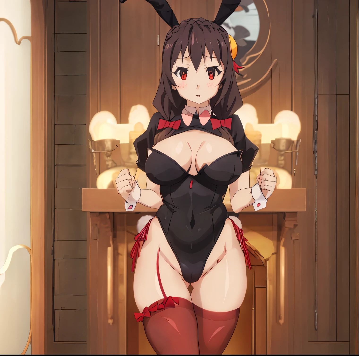 1 girl, alone, Yunyun, focus_only, bangs, braid, braid_crown, hair_bow, hair ornament, red_eyes, big_breasts, wide hips, wide thighs, playboy_bunny red, red headband,rabbit ears, black pantyhose,perfect hands, perfect anatomy
