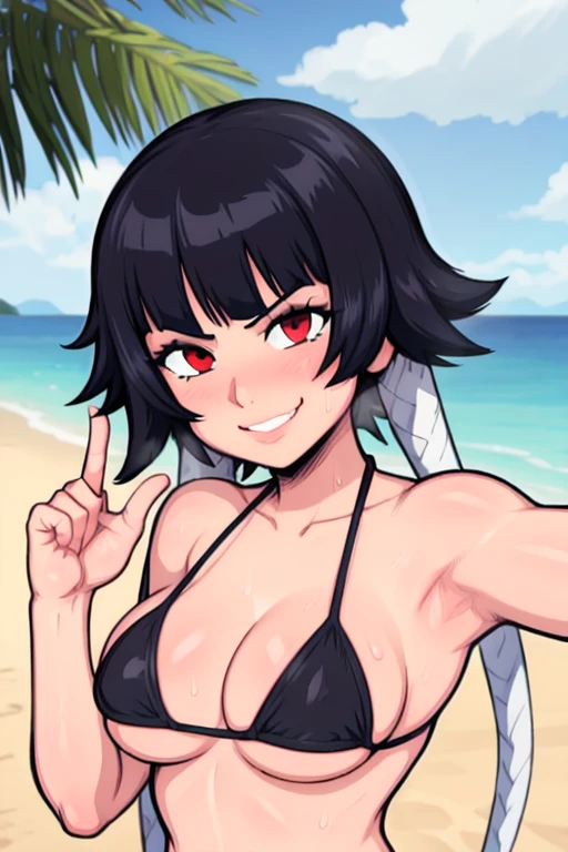 masterpiece, best quality, soifon, looking at viewer, short black hair, red eyes color, very large breasts, upper body, portrait, seductive smile,both hands raised, armpits, armpits visible, sweaty armpits, wearing sexy bikini, backround on beach