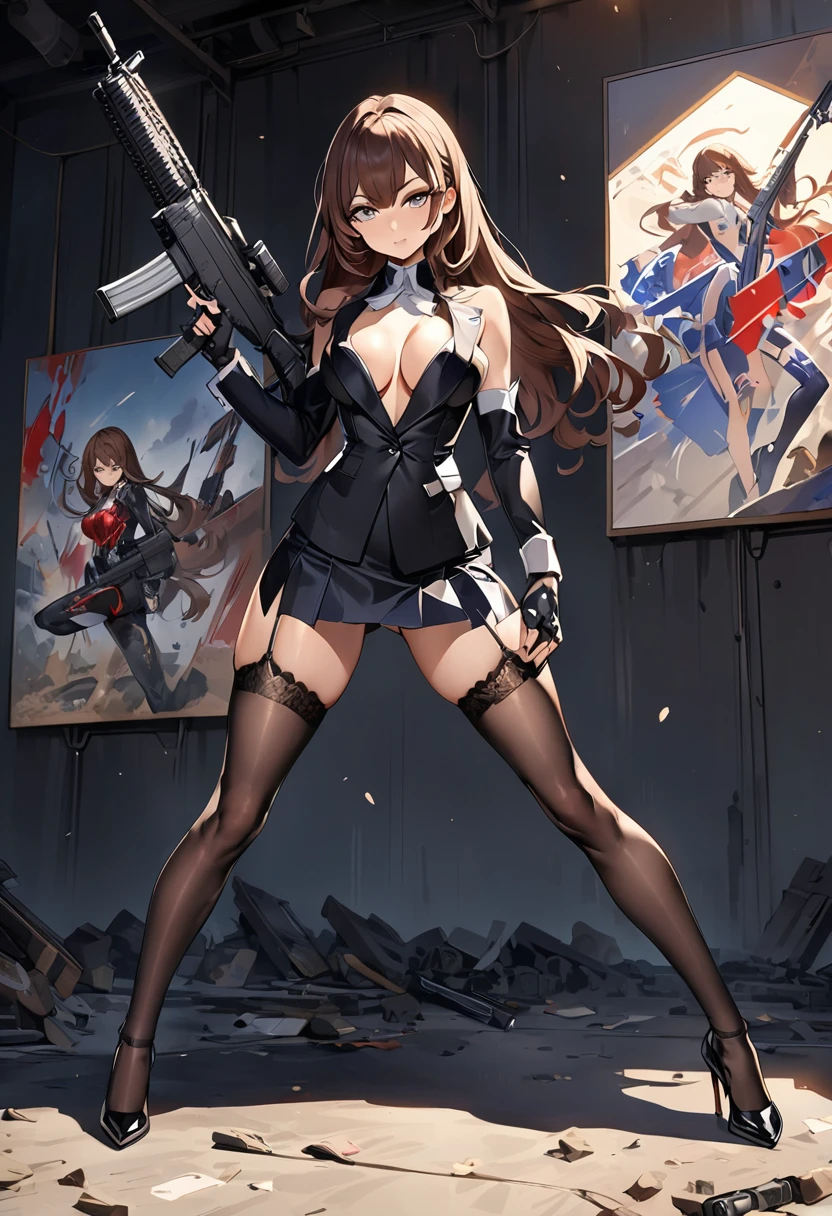 masterpiece、highest quality、Ultra-high resolution、Maximum resolution、Very detailed、Professional Lighting、anime、woman、thin、so beautiful、Sexy Suit、Mini tight skirt、Garter Stockings、High heels,Has an assault rifle、Grey Eyes、Brown Hair、long hair、Fingerless Gloves、Equipped with shooting glasses、Alone on the battlefield、Bold Pose、Offensive paintings