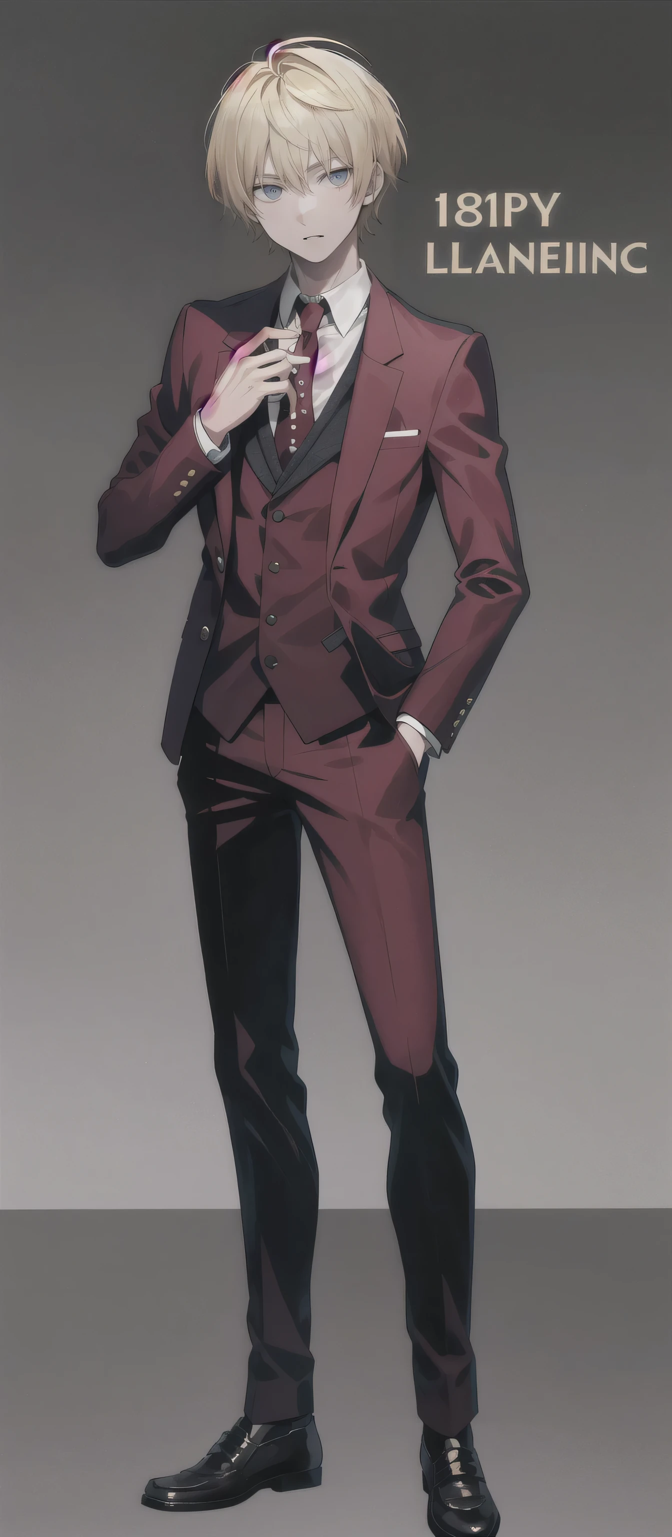 1 man, 18 years old, full body, short hair, blonde hair, Wearing a flamboyant suit,