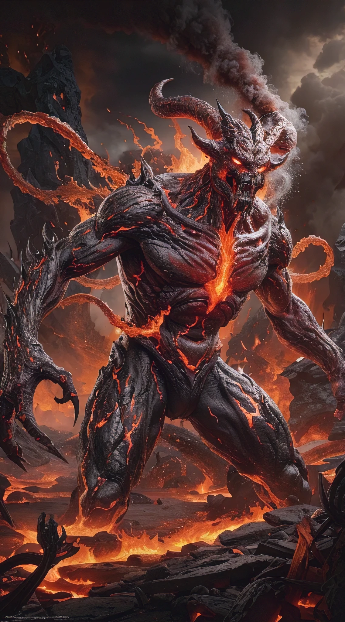An exquisitely rendered dark fantasy illustration featuring the Lava Demon, an intimidating and fiery creature. Emerging from the depths of hell, the Lava Demon is covered in molten lava and smoke, with fiery tendrils snaking around its torso. Its face is twisted in an expression of malevolent rage, and its eyes glow a menacing red. The background is a chaotic, dark, and fiery landscape, with molten rock and twisted metal structures. The overall atmosphere is one of fear and chaos, making this a captivating and captivating piece of art from top artists., illustration, poster, dark fantasy