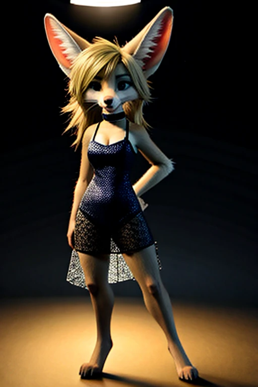 (white fur:1.2), short slim skinny adult female digitigrade fennec, medium breasts,  BREAK whiskers, black lips, black nose, BREAK bright and big vivid bright teal eyes, bedroom eyes, BREAK teal eyeshadow, BREAK long wavy platinum blonde hair, waist length hair, messy hair, BREAK [:(purple hair):15], BREAK purple collar, BREAK silver hoop ear rings, BREAK light pink sheer micro dress with spaghetti straps, (cleavage:1.2), BREAK lacey black toeless thigh highs, BREAK standing on stage in the spotlight, raised tail, BREAK (by trigaroo:1.2), (by toots, by syn-6), by discreet user, [by dryadex, by syuro::12], [by v-tal:by himeragoldtail:18], (by toots, by syn-6), (whisperfoot:0.6), (by kenket:0.8), translucency