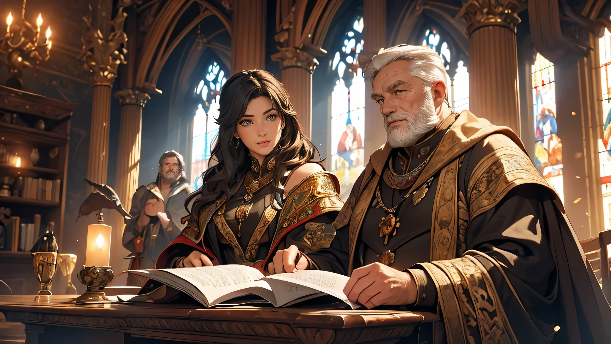 A girl with long black hair, dressed in black adventure clothes, sitting opposite each other and talking to an old and fat man, who is the mayor of the city office room, in a medieval fantasy theme. The girl has beautiful detailed eyes, beautiful detailed lips, and an extremely detailed face, with long eyelashes. The mayor is wearing a long robe, and his face is full of wrinkles and character. The room is dimly lit, with sunlight streaming through the stained glass windows, casting colorful hues on the walls. The walls are adorned with ancient tapestries, depicting scenes of mythical creatures and epic battles. The furniture in the room is ornate, with intricate carvings and plush cushions. The atmosphere is filled with an air of mystery and intrigue. The overall image quality is of the best quality, with ultra-detailed and photo-realistic rendering. The colors are vivid and rich, with a warm and golden tone. The lighting is soft and diffused, adding depth and dimension to the scene.
