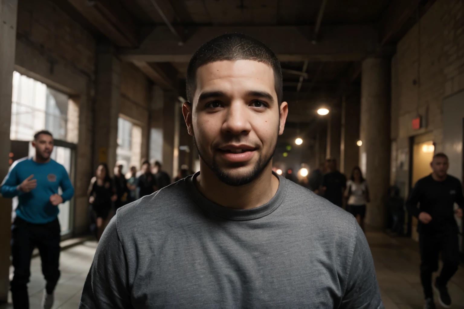 a very happy almost evil looking drake the rapper who is running after scared ren who are very unhappy and fearing of drake [realistic],hyper real, detailed face