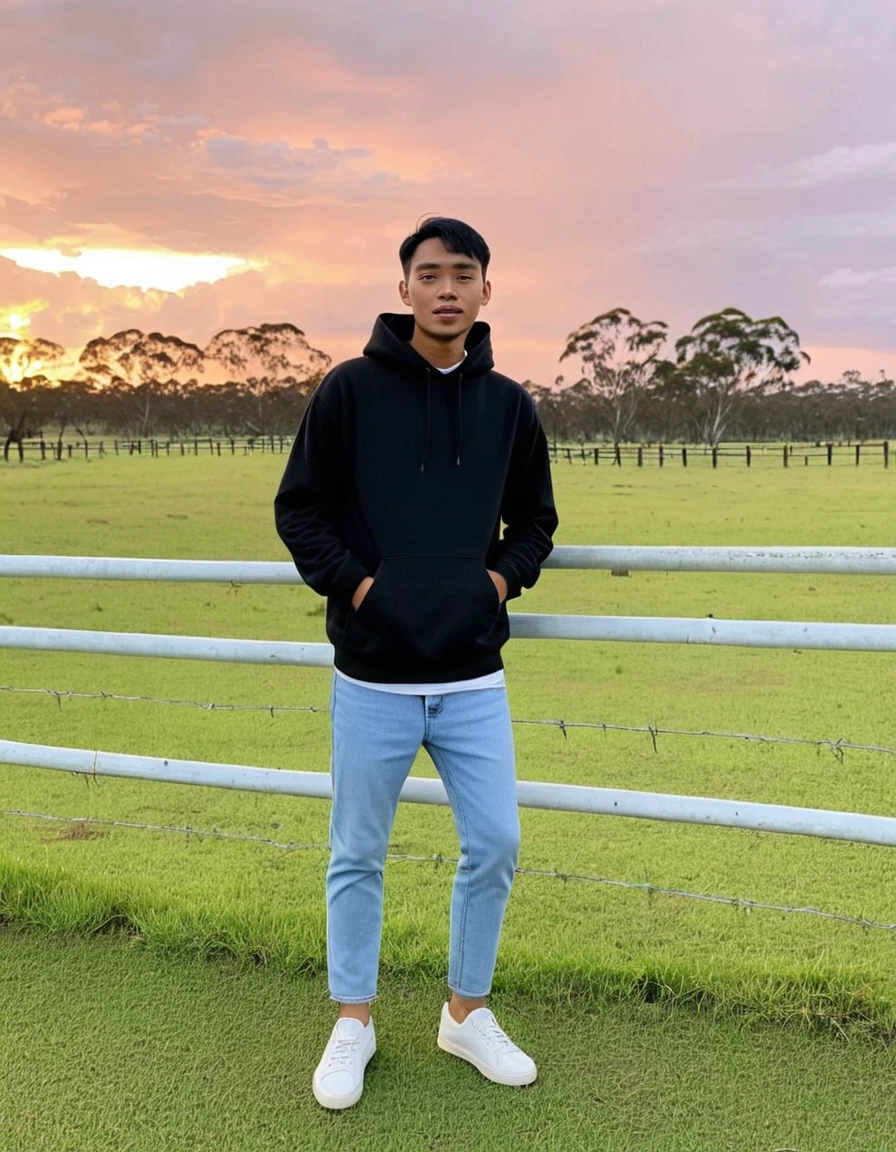 Stunning 8k portrait photo of a 25-year-old Indonesian man with dramatic effect, showing a slim body and casual clothes. He has short hair parted in the middle, wearing a white hoodie, blue jeans, and black dress shoes. The man is leaning on a fence at an Australian limousine cattle ranch, surrounded by lush green grass, with a stunning mountain view in the background. The colors are bright, and the images are shot in a high-quality, cinematic style, creating a fashionable and artistic feel. Add a warm sunset effect with a reddish sky.