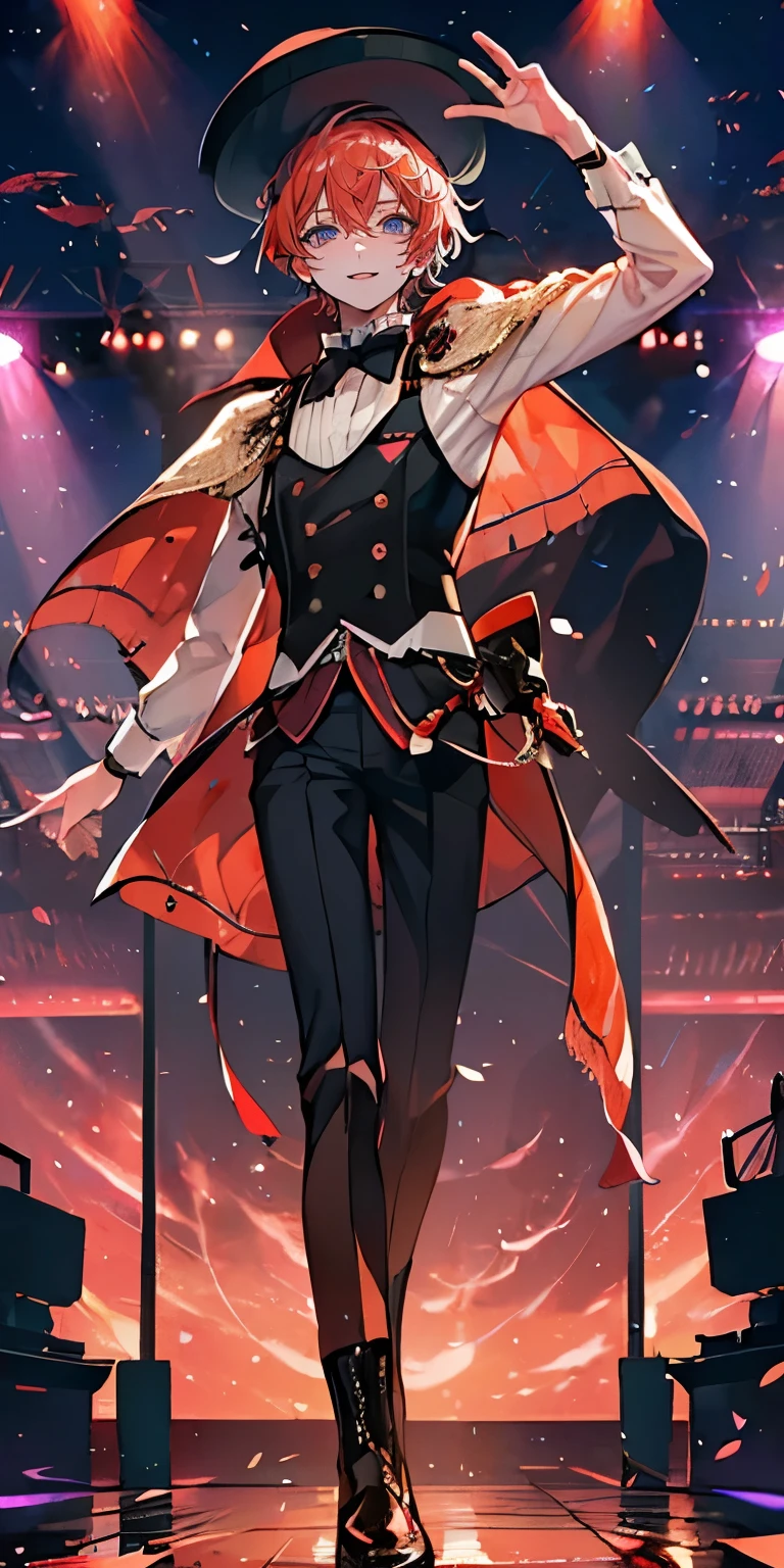 (Mastepiece), (Best Quality), Very detailed, ((1 boy)), Perfect Face, Beautiful Face, Very detailedな顔,((Salmon-colored hair_short hair_Salmon-colored eyes:1.3)),Full body photography、Male solo idol、Gorgeous idol costumes、Cape、boots、(pants:1.2)、(Hold the microphone)、stage、Concert Dome、Lots of confetti、(smile:1.4)、(Open your mouth wide)、sing、dance、Wink、Laser light、Spotlight