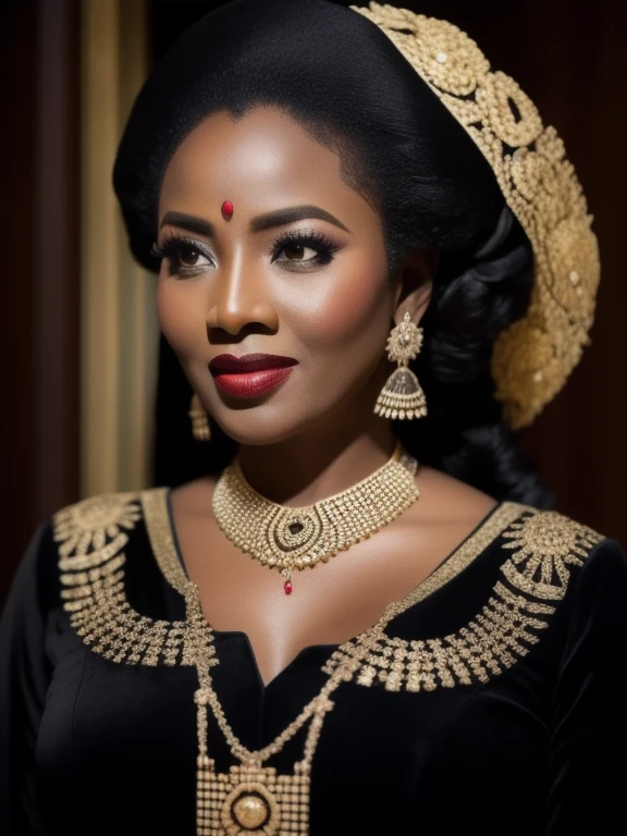black africa woman, large breasts, cleavage, photography, woman, portrait of java wedding woman in black long kebaya dress traditional, red lipstick, golden necklace, earrings, ornate, detail, flowers, look at viewer,