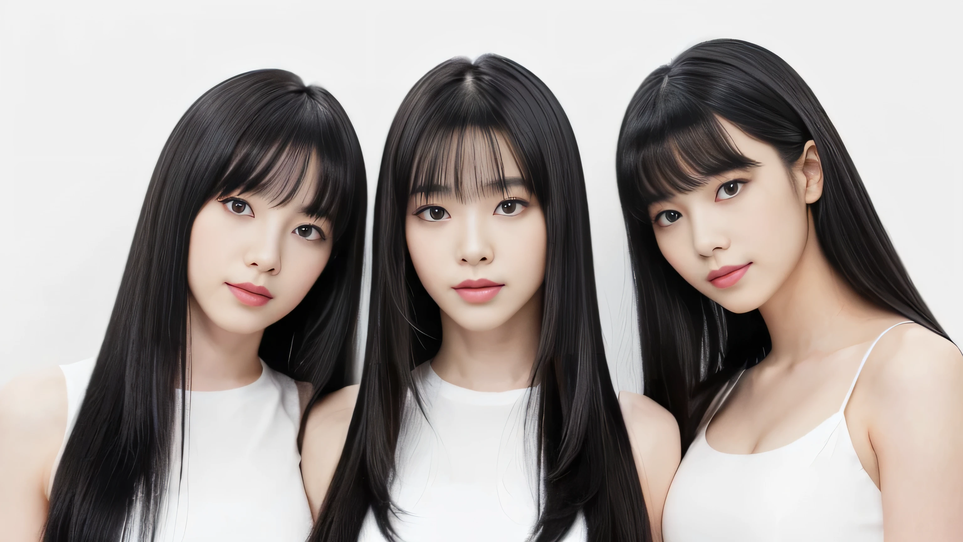 (A close-up of three identical twin triplets from the neck up in the same space) ((Three clone triplets huddled together、Gives viewers random happy looks:1.4)) (They are are the same clone) ((They are try to show off their hair as much as possible.,)) ((Beautiful 18-year-old model with long black hair, girl with super length Hair, extremely length Hair, extra length Hair, very long, Flowing Hair, very length Hair, length Hair girl, very long, Flowing black hair, length Hair windy, Very long black hair, length, Flowing Hair,Incredibly long-lasting hair, length Hair!!!! Her highest quality hair is long and straight., very long, highest quality black hair, length hair in the center, Highest quality long straight hair, length, straight, beautiful, High quality hair, length and free black highest quality straight hair, length Hair, length and straight, highest quality black hair, Perfect silky straight hair of the highest quality, straight, highest quality black hair, length black straight hair, length, Thin black hair Her hair is long and straight, very long black hair, length hair in the center, length straight hair, length, straight, beautiful hair of the highest quality, length Hair, length, straight black hair, length and free straight black hair, straight black hair)) (Her bangs are perfect.:1.3) (Pure white wall background:1.8) (Japan's most sexy and beautiful 18-year-old beauty model) ((highest quality)), ((masterpiece)), (Familiar) (Get used to it) Perfect Face (Her skin is a typical Japanese skin color.......、And very detailed) (Big Breasts:1.3) (She has a beautiful face and a typical Japanese figure...., Narrow eyes) (She has perfect beautiful makeup and face Lipstick is light red A solid eyeliner) ((Rich 1.4)) (Extremely detailed 8K) (Ultra-fine skin texture 1.4) (Actual, Vibrant:1.4), double eyelid Sharp focus:1.2、Beautiful woman:1.4 Dynamic Lighting (Genuine RAW photos taken by professional photographers) Professional Hair Shine. (((Unusually long black hair that lasts forever 1.3))) (length, Shiny black hair, その女性はlengthBlack hairをしている, lengthBlack hair, Waist-length hair, very lengthBlack hair, thick shining black hair, black silky hair, length and shiny hair, lengthBlack hair, length, Flat Hair Ridiculously long hair, Black shiny hair, Very shiny, Abnormally long hair, 厚く輝く異常にlengthBlack hair,Jet black silky hair Her hair is とてもlength and straight length, Voluminous black hair that reaches down to her ankles unusually long black hair, unusually long black hair, Very long black hair) (Her face is slim and dignified.., length, Narrow eyes..々Nice face) (They are are are'They are are'They are'They're both wearing the same white lingerie:1.5)