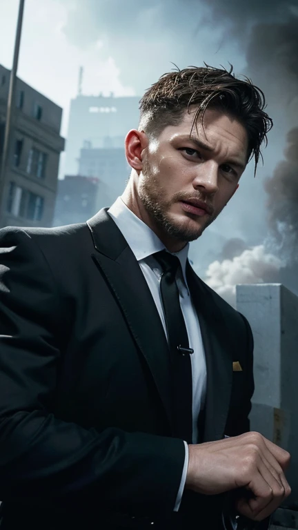 A Tom Hardy struggling for money,Dressed as a young gangster, Oil painting, Watching the sky smoke,eye closeds,Harsh brushstrokes, Dramatic lighting, Intense expression, Determined eyes, Clenched fists, Sweat dripped down his face, Ruffled suit, broken chain, Crumbling dollar bills, Crumbling stock market charts, smoke in the background, Black and white with a touch of gold, Realism. (Best quality, A high resolution, Ultra-detailed), (Realistic:1.37), professional, Vivid colors.