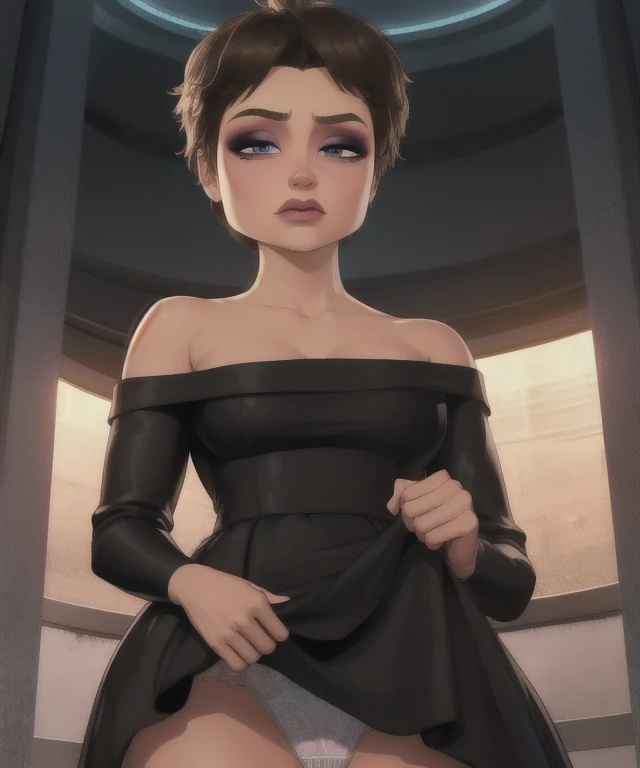 Evelyn,short brown hair,makeup,eyes half open,upper body,looking at viewer,black dress with white line,long sleeves,collarbone,dress skirt, dress lift, panties, cameltoe,
(insanely detailed, beautiful detailed face, masterpiece, best quality) cinematic lighting,