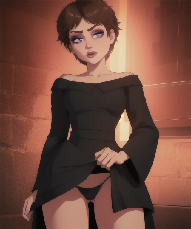 Evelyn,short brown hair,makeup,eyes half open,upper body,looking at viewer,black dress with white line,long sleeves,collarbone,dress skirt, dress lift, panties, cameltoe,
(insanely detailed, beautiful detailed face, masterpiece, best quality) cinematic lighting,