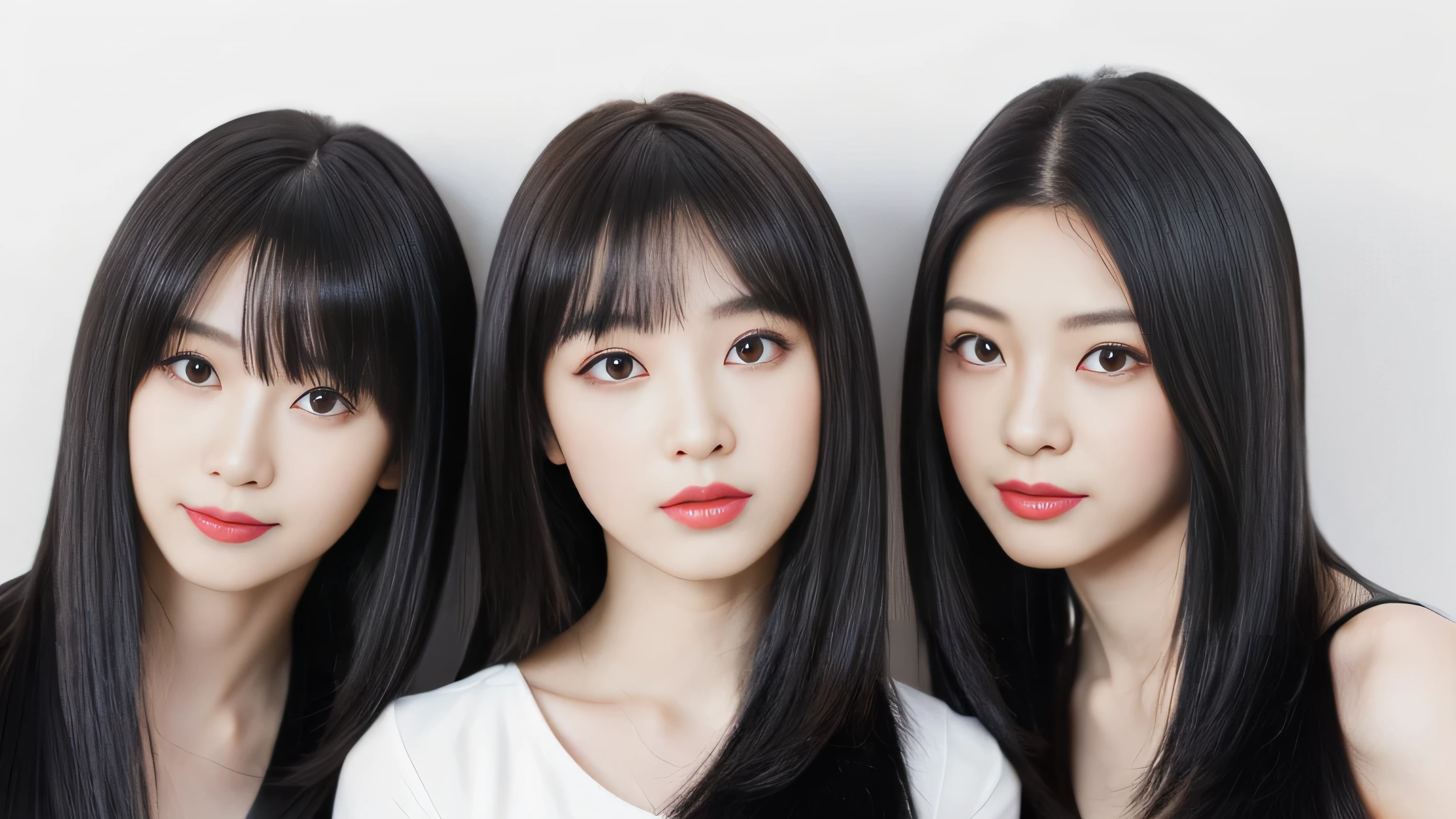 (A close-up of three identical twin triplets from the neck up in the same space) 　((Three clone triplets huddled together、Gives viewers random happy looks:1.4))　(They are are the same clone)　((They are try to show off their hair as much as possible.,))　((Beautiful 18-year-old model with long black hair, girl with super length Hair, extremely length Hair, extra length Hair, very long, Flowing Hair, very length Hair, length Hair girl, very long, Flowing black hair, length Hair windy, Very long black hair, length, Flowing Hair,Incredibly long-lasting hair, length Hair!!!!　Her highest quality hair is long and straight., very long, highest quality black hair, length hair in the center, Highest quality long straight hair, length, straight, beautiful, High quality hair, length and free black highest quality straight hair, length Hair, length and straight, highest quality black hair, Perfect silky straight hair of the highest quality, straight, highest quality black hair, length black straight hair, length, Thin black hair　Her hair is long and straight, very long black hair, length hair in the center, length straight hair, length, straight, beautiful hair of the highest quality, length Hair, length, straight black hair, length and free straight black hair, straight black hair))　(Her bangs are perfect.:1.3)　(Pure white wall background:1.8)　(Japan&#39;s most sexy and beautiful 18-year-old beauty model)　((highest quality)), ((masterpiece)), (Familiar)　(Get used to it)　Perfect Face　　(Her skin is a typical Japanese skin color.......、And very detailed)　(Big Breasts:1.3)　(She has a beautiful face and a typical Japanese figure...., Narrow eyes)　(She has perfect beautiful makeup and face　Lipstick is light red　A solid eyeliner)　((Rich 1.4))　(Extremely detailed 8K)　(Ultra-fine skin texture 1.4)　(Actual, Vibrant:1.4), double eyelid　Sharp focus:1.2、Beautiful woman:1.4　Dynamic Lighting　(Genuine RAW photos taken by professional photographers)　　Professional Hair Shine.　　(((Unusually long black hair that lasts forever 1.3)))　(length, Shiny black hair, その女性はlengthBlack hairをしている, lengthBlack hair, Waist-length hair, very lengthBlack hair, thick shining black hair, black silky hair, length and shiny hair, lengthBlack hair, length, Flat Hair　Ridiculously long hair, Black shiny hair, Very shiny, Abnormally long hair, 厚く輝く異常にlengthBlack hair,Jet black silky hair　Her hair is とてもlength and straight　length, Voluminous black hair that reaches down to her ankles　unusually long black hair, unusually long black hair, Very long black hair)　(Her face is slim and dignified.., length, Narrow eyes..々Nice face)　(They are are are&#39;They are are&#39;They are&#39;They&#39;re both wearing the same white lingerie:1.5)