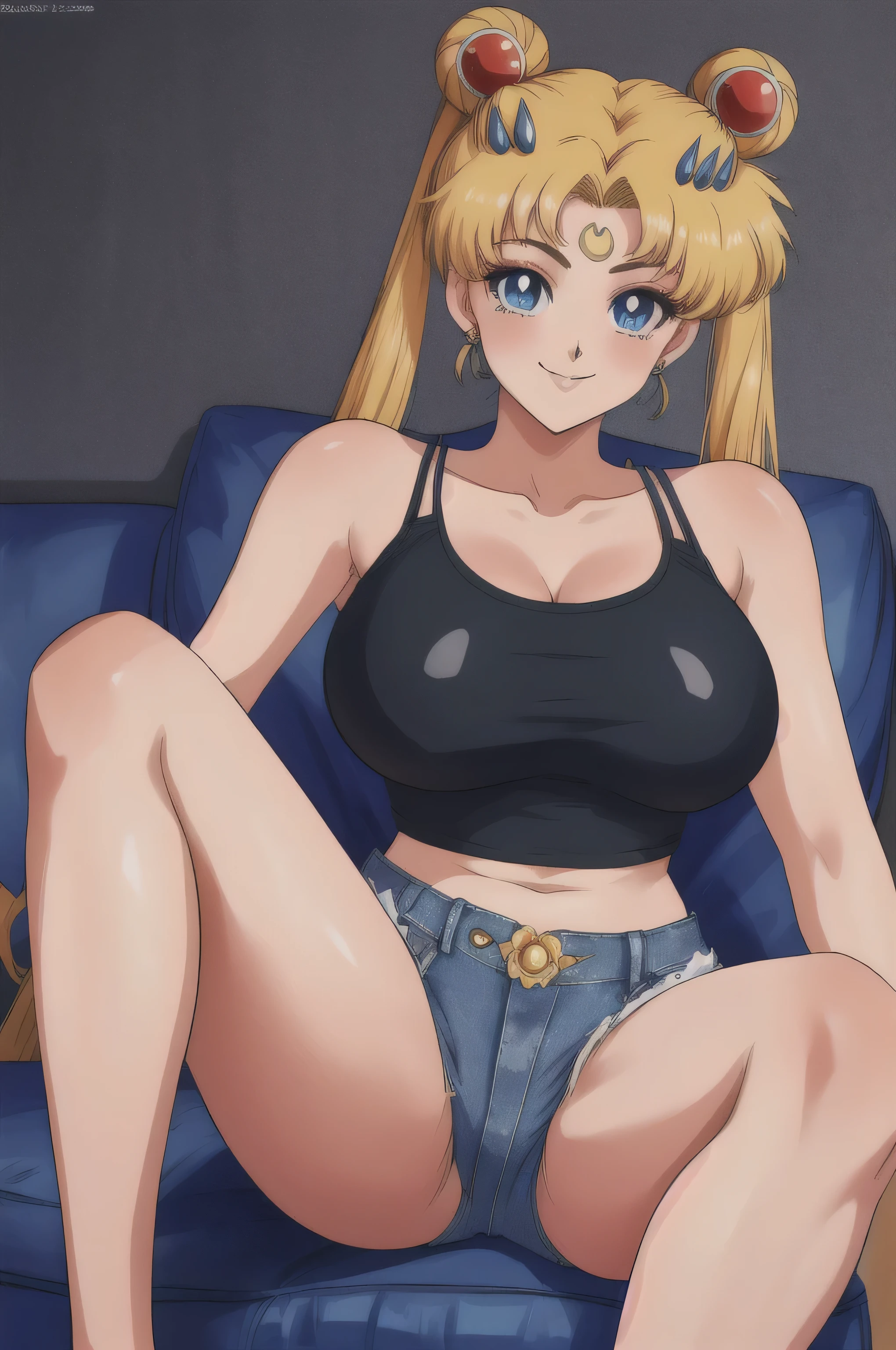 (masterpiece, highest quality, 16ｋAnime image quality, High resolution, Anime Style, Clean brush strokes, Very detailed, Perfect Anatomy, Browsing Caution), 1 girl, alone,((smusagitsukino)), Detailed face, Fine grain, Blonde, blue eyes, short hair, Bun Hair、Twin tails, Parted bangs, hair ornaments, smile, Cowboy Shot,Large Breasts:1.5,Tank top、Short length), smooth beautiful belly: 1.2, Wide hips:1.6, Big Ass:1.5, (Shorts:1.5, Short length、Jeans), (sit, Spread your legs、Get on one knee),Looking at the audience,Bedroom Background, sofa, alone, 