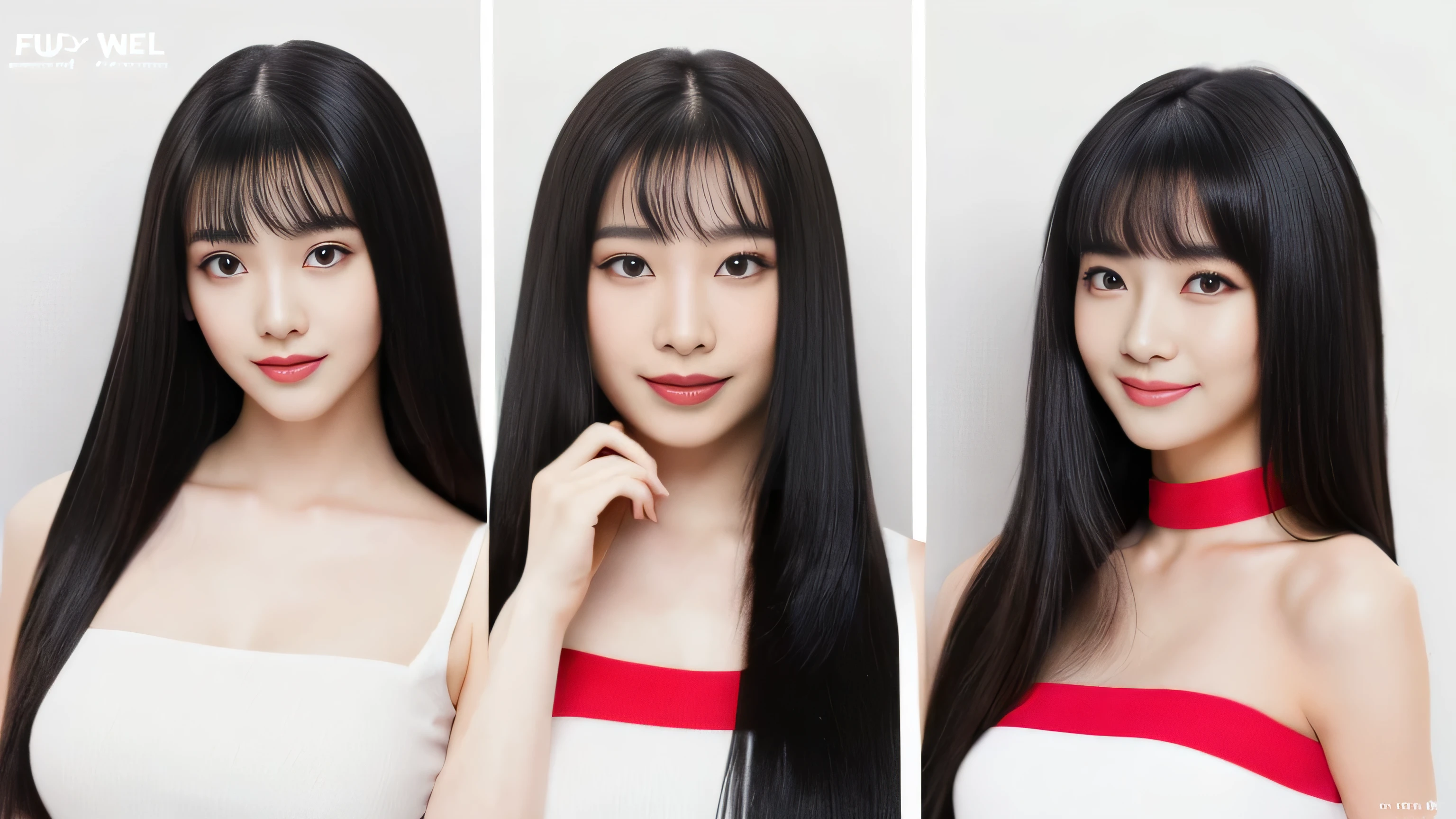 (A close-up of the faces of three identical twin triplets in the same space:1.3) 　((Three clone triplets:1.3 are close to each other、Gives viewers random happy looks:1.4))　(They are are the same clone)　((They are try to show off their hair as much as possible.,))　((Beautiful 18-year-old model with long black hair, girl with super length Hair, extremely length Hair, extra length Hair, very long, Flowing Hair, very length Hair, length Hair girl, very long, Flowing black hair, length Hair windy, Very long black hair, length, Flowing Hair,Incredibly long-lasting hair, length Hair!!!!　Her highest quality hair is long and straight., very long, highest quality black hair, length hair in the center, Highest quality long straight hair, length, straight, beautiful, High quality hair, length and free black highest quality straight hair, length Hair, length and straight, highest quality black hair, Perfect silky straight hair of the highest quality, straight, highest quality black hair, length black straight hair, length, Thin black hair　Her hair is long and straight, very long black hair, length hair in the center, length straight hair, length, straight, beautiful hair of the highest quality, length Hair, length, straight black hair, length and free straight black hair, straight black hair))　(Her bangs are perfect.:1.3)　(Pure white wall background:1.8)　(Japan&#39;s most sexy and beautiful 18-year-old beauty model)　((highest quality)), ((masterpiece)), (Familiar)　(Get used to it)　Perfect Face　　(Her skin is a typical Japanese skin color.......、And very detailed)　(Big Breasts:1.3)　(She has a beautiful face and a typical Japanese figure...., Narrow eyes)　(She has perfect beautiful makeup and face　Lipstick is light red　A solid eyeliner)　((Rich 1.4))　(Extremely detailed 8K)　(Ultra-fine skin texture 1.4)　(Actual, Vibrant:1.4), double eyelid　Sharp focus:1.2、Beautiful woman:1.4　Dynamic Lighting　(Genuine RAW photos taken by professional photographers)　　Professional Hair Shine.　　(((Unusually long black hair that lasts forever 1.3)))　(length, Shiny black hair, その女性はlengthBlack hairをしている, lengthBlack hair, Waist-length hair, very lengthBlack hair, thick shining black hair, black silky hair, length and shiny hair, lengthBlack hair, length, Flat Hair　Ridiculously long hair, Black shiny hair, Very shiny, Abnormally long hair, 厚く輝く異常にlengthBlack hair,Jet black silky hair　Her hair is とてもlength and straight　length, Voluminous black hair that reaches down to her ankles　unusually long black hair, unusually long black hair, Very long black hair)　(Her face is slim and dignified.., length, Narrow eyes..々Nice face)　(They are are are&#39;They are are&#39;They are&#39;They&#39;re both wearing the same white lingerie:1.5)