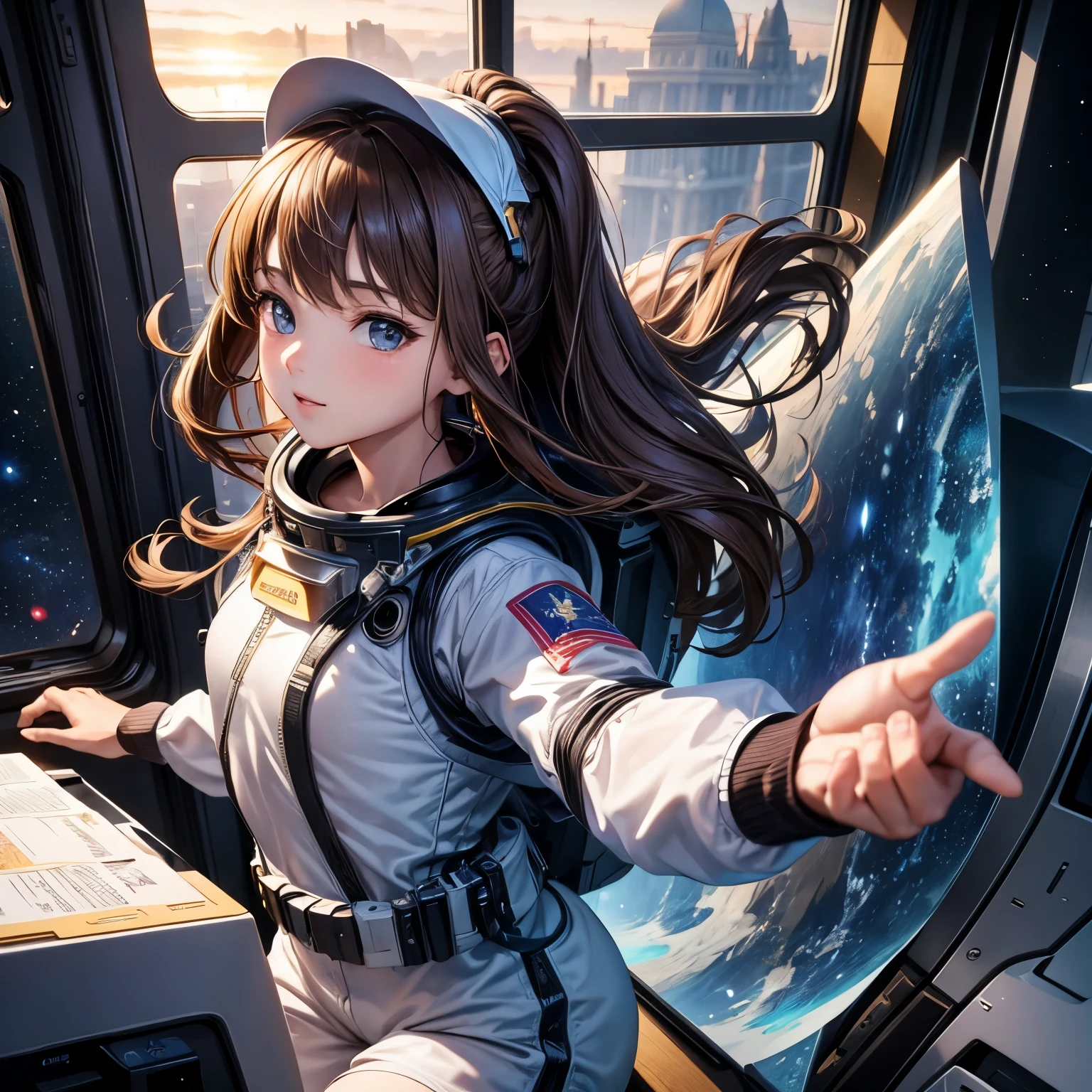 ((best quality)), (masterpiece)), (detail: 1.4), 3D, Ridiculous resolution, high resolution, (masterpiece: 1.4), Super detailed, Beauty 1 person, future派女性形象, Shiny Brown Hair, Beautiful brown eyes, Pretty Face, 20 years old, spacecraft, floating, small, Space suit, spacecraft, window, future, Dynamic poses, Change of clothes