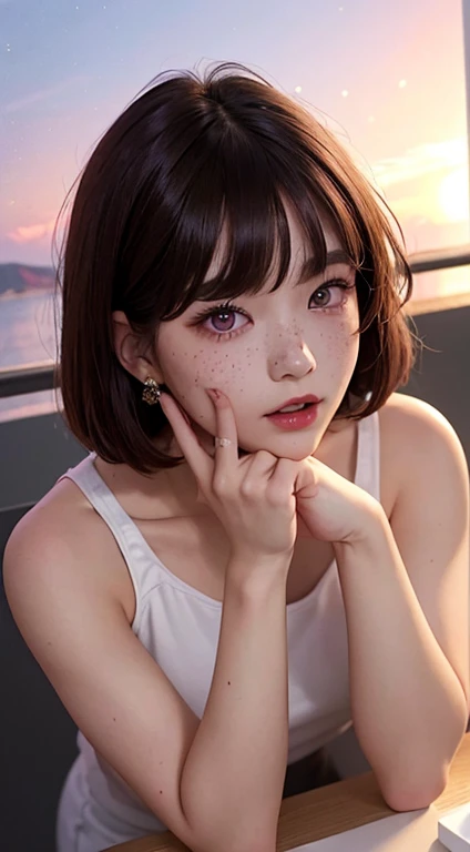 1 girl, 23 years old, south korean, idol, masterpiece, perfect face, soft skin, freckles under eyes, short whavy brown hair, bowlcut hair, shining bright purple eyes, red eyeliners, red lips, big smile, closed mouth, natural makeup, soft lighting, bright colors, sunset background, face focus, face closeup.