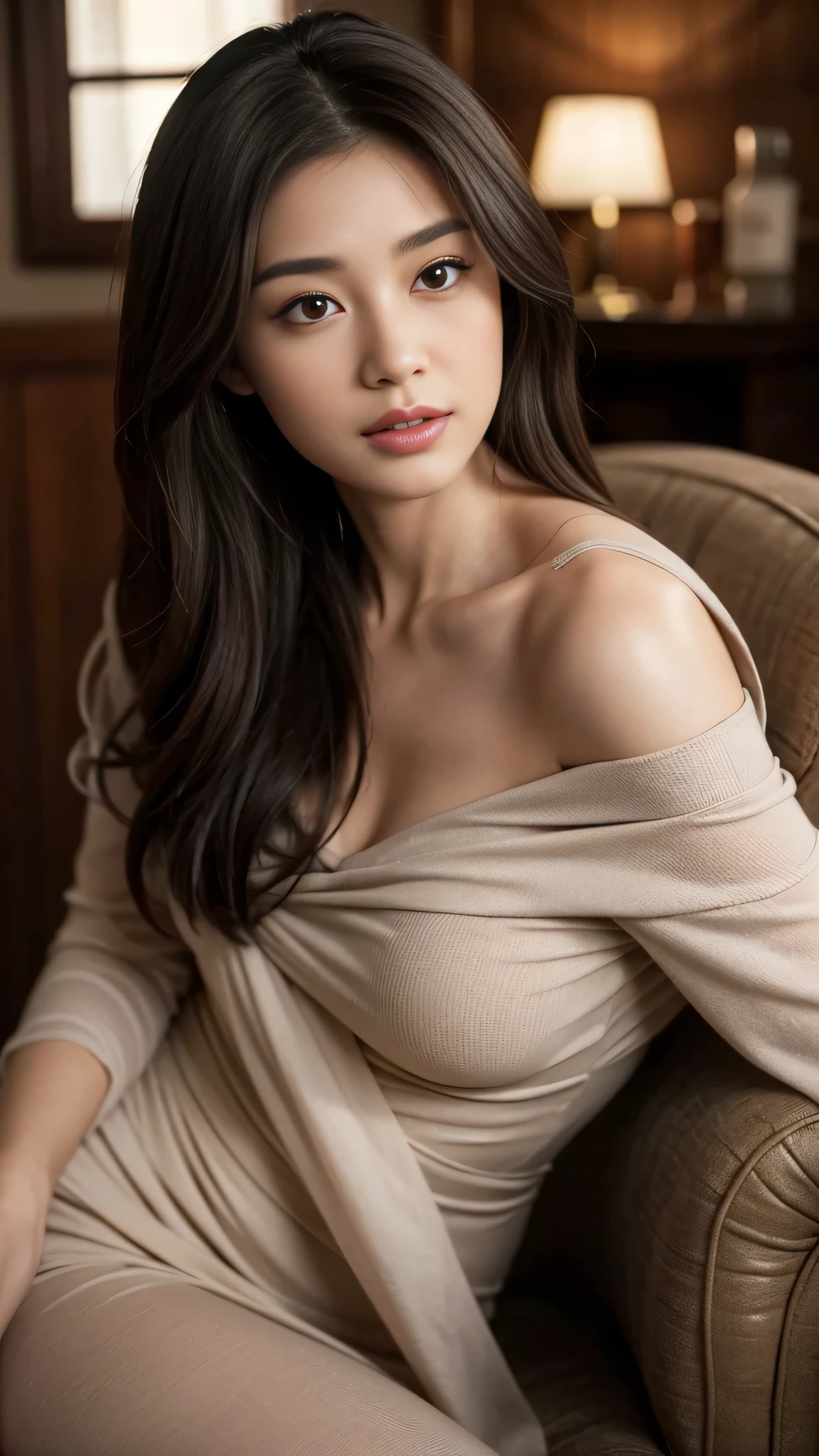 In the dimly lit indoor setting, an adult woman with dark brown hair cascading down to her shoulders and light brown eyes that sparkle with an enigmatic allure sits comfortably on a plush chair. The highest quality of this ultra-high definition image (1.4) showcases every intricate detail of her features, making her appearance all the more captivating.
Her face, around 40 years old, boasts elegantly lined features that add to her sophisticated beauty. The complex details of her face (1.2) are captured perfectly, highlighting the delicate structures of her nose, her plump, full lips, and her finely lined mouth. Her eyes, with detailed irises