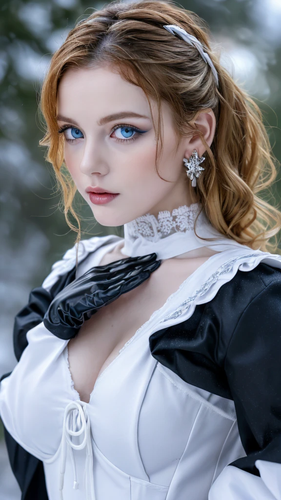 1 miniature Beautiful beautiful woman - Yuan Sayuki, ((top quality, 8K, Masterpiece:1.retty woman, 1 woman, huge breasts:1.3, a slim body:1.1, lush GINGER long hair with 2 buns, (shower, wet body, wet clothes:1.1), very detailed face, detailed lips, detailed eyes, double eyelids, Detailed blue eyes, чрезвычайно Detailed Outstanding Blue Eyes, long GINGER wet hair, GINGER wet hair, Detailed Outstanding Blue Eyes, innocent look at the viewer, very wet wavy white hair, Detailed Outstanding Blue Eyes, huge cross earrings, Outdoors, badges behind, gothic maid uniform, sexy maid dress, bare chest, huge chest tattoo, detailed huge catholic cross earrings, chest tattoo, Outside, wear a silver cross (Detailed cross shape), reality mode, wet breasts, black necklace, human crowd behind, black latex gloves, hair of white snowy colour, night time, red neon lights, demonic nun, nimbus (golden lighting ring above her head), angel, snowy weather, sexy pose, white lingerie, black maid dress, detailed flower wreath made of different colours, open chest