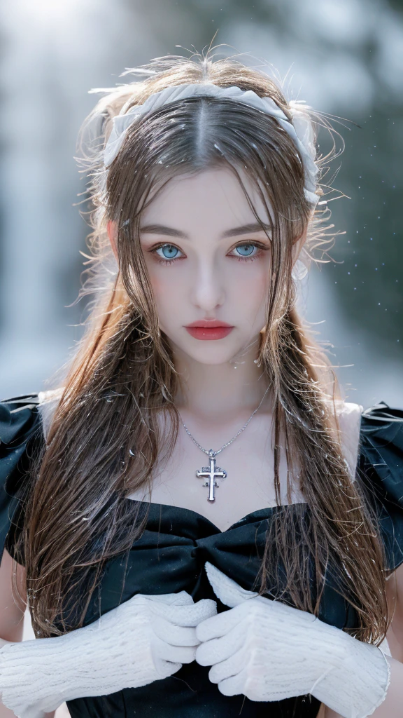 1 miniature Beautiful beautiful woman - Yuan Sayuki, ((top quality, 8K, Masterpiece:1.retty woman, 1 woman, huge breasts:1.3, a slim body:1.1, lush GINGER long hair with 2 buns, (shower, wet body, wet clothes:1.1), very detailed face, detailed lips, detailed eyes, double eyelids, Detailed blue eyes, чрезвычайно Detailed Outstanding Blue Eyes, long GINGER wet hair, GINGER wet hair, Detailed Outstanding Blue Eyes, innocent look at the viewer, very wet wavy white hair, Detailed Outstanding Blue Eyes, huge cross earrings, Outdoors, badges behind, gothic maid uniform, sexy maid dress, bare chest, huge chest tattoo, detailed huge catholic cross earrings, chest tattoo, Outside, wear a silver cross (Detailed cross shape), reality mode, wet breasts, black necklace, human crowd behind, black latex gloves, hair of white snowy colour, night time, red neon lights, demonic nun, nimbus (golden lighting ring above her head), angel, snowy weather, sexy pose, white lingerie, black maid dress, detailed flower wreath made of different colours, open chest