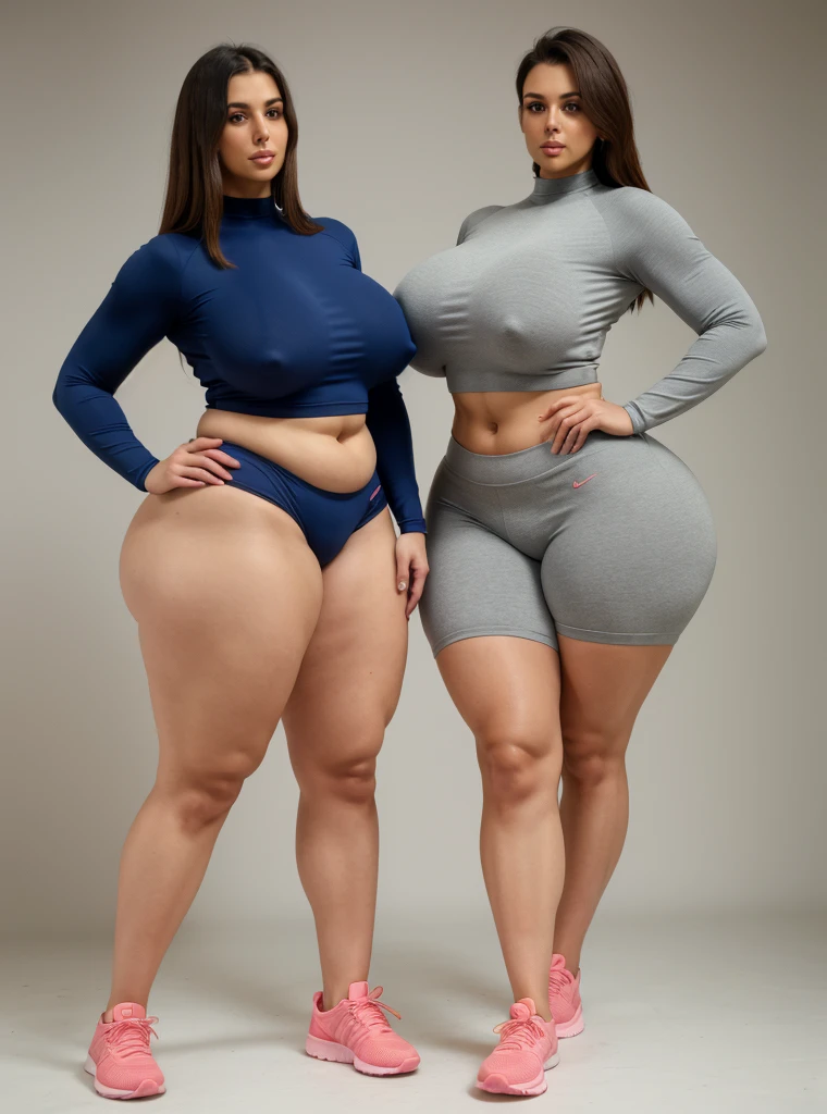 full body photograph of a beautiful woman (((Mother and daughter:1.2))), ((huge each other)), Tight shorts, long sleeve spandex shirt, and sneakers. Very detailed, matte skin, pores, 4K, natural, realistic, photograph, photorealistic. Curvy body shape, cleveage, huge breast, wide hips, thin waist, sexy natural abs, thick legs, huge booty, round shape butt, ((front body view))