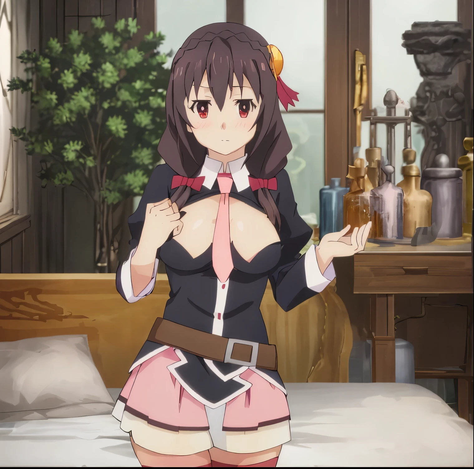 1girl, alone, yunyun,Brown hair, hair ornament, red eyes, bow, braid, crown braid,
skirt, thighhighs, long sleeves, necktie, belt, clothing cutout, cleavage cutout, pink skirt, pink necktie,
indoors, bed, bed room, on side, blush, drunk,
looking at viewer, dutch angle, cowboy shot, perfect hands, perfect anatomy 