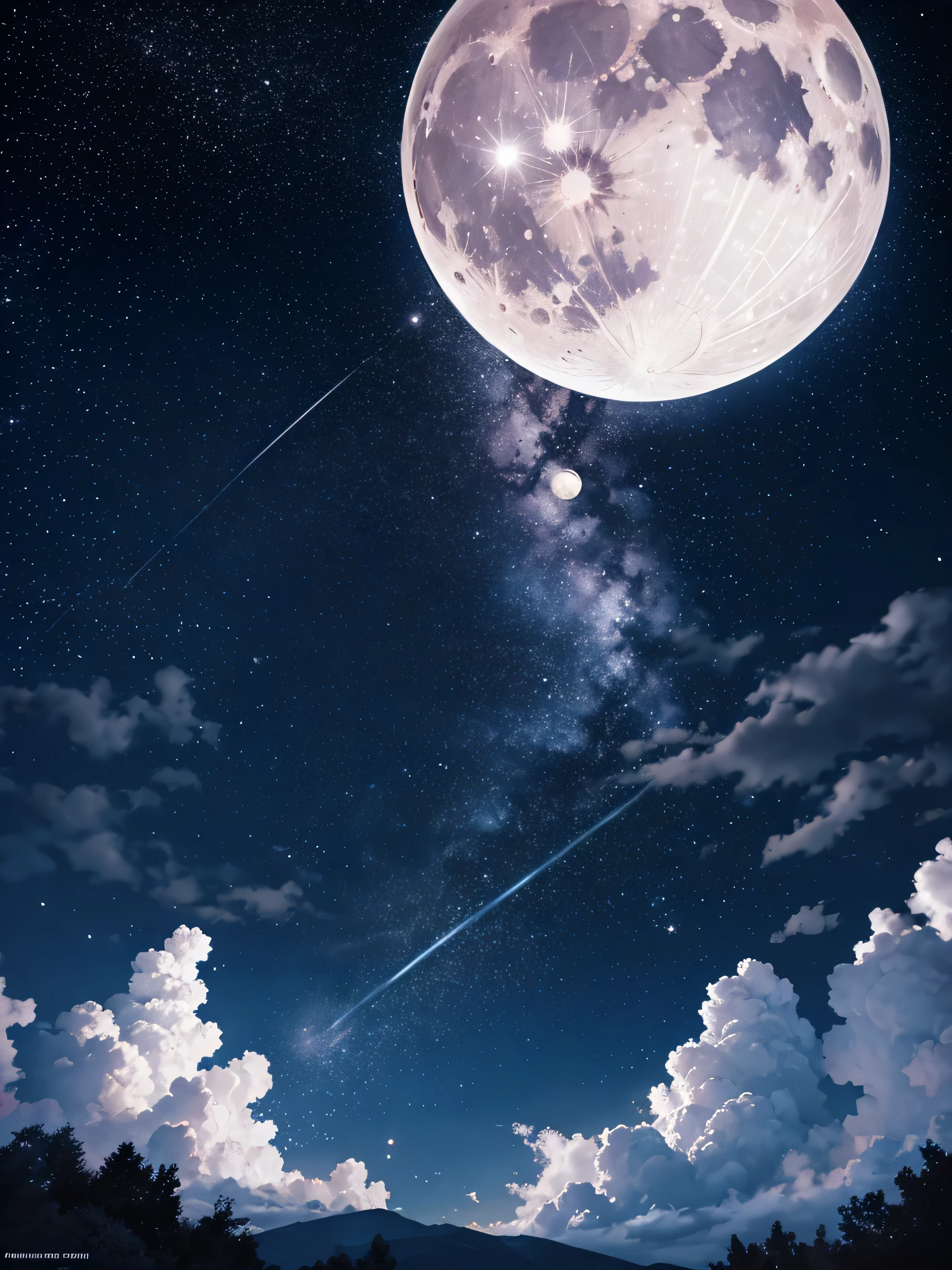 Night scenery with moon, A bright moon in the sky, estrelas, anime scenery,  with ultra-realistic lines and details in high definition.