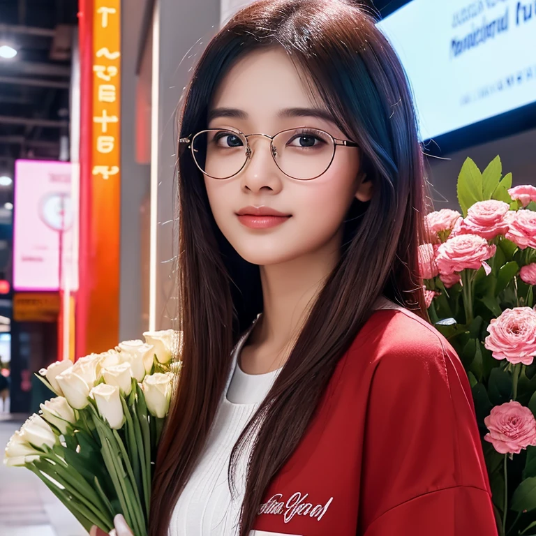 A beautiful Indonesian Muslim girl aged 30 years, she is wearing a long red casual shirt, glasses, holding a banner with the words "congratulations" and a bouquet of flowers. She is standing next to a large billboard with the words "FANNIE MIONE" written in bold and clear font and image of a group of people, he is standing in the hallway of a building that has glass on the left and right, and colorful lights at night, with a sharp face, ultra HD realistic.photo full HD, perfect clear contrast, 16k, front focus; original photo.beautiful digital painting, beautiful art uhd 4k, beautiful digital artwork, beautiful digital illustration, very beautiful portrait, beautiful detailed portrait, beautiful digital art, very digital art beautiful, stunning digital painting, detailed beauty portrait, beautiful digital painting, 4k detailed painting, beautiful beautiful digital art, UHD, realistic, faint smile.