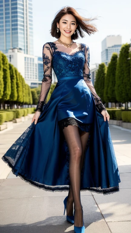 ((highest quality、Ultra-high resolution、8K、masterpiece、Ultra HD))、1 girl 、Delicate face、Detailed eyes and face、double eyelid、Pretty Face、Brown short bob hair、Heavy makeup、Tall and beautiful woman、Long, slender legs、Narrow waist、Mature Woman、A glamorous and elegant woman、(((Blue satin lace long dress、Black Pantyhose)))、High heels、((Full Body Portrait))、Large Breastodern architecture in the background、Detailed Background、Adorable、Smile、Earrings、necklace、bracelet