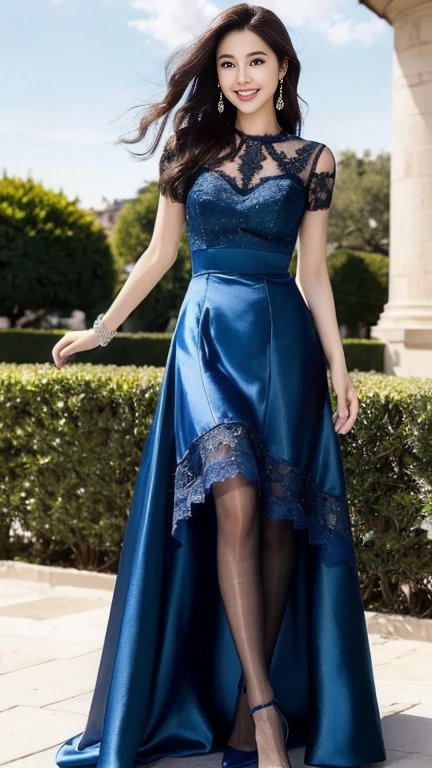 ((highest quality、Ultra-high resolution、8K、masterpiece、Ultra HD))、1 girl 、Delicate face、Detailed eyes and face、double eyelid、Pretty Face、Brown short bob hair、Heavy makeup、Tall and beautiful woman、Long, slender legs、Narrow waist、Mature Woman、A glamorous and elegant woman、(((Blue satin lace long dress、Black Pantyhose)))、High heels、((Full Body Portrait))、Large Breastodern architecture in the background、Detailed Background、Adorable、Smile、Earrings、necklace、bracelet