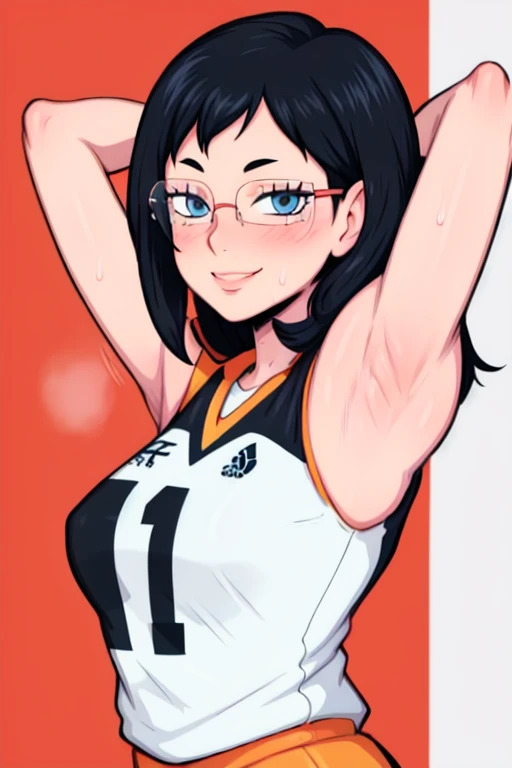 masterpiece, best quality, shimizu kiyoko looking at viewer, black hair, blue eyes color, small breasts, upper body, portrait, looking at viewer, seductive smile,both hands raised, armpits, armpits visible, sweaty armpits, wearing orange volleyball uniform, wearing glasses