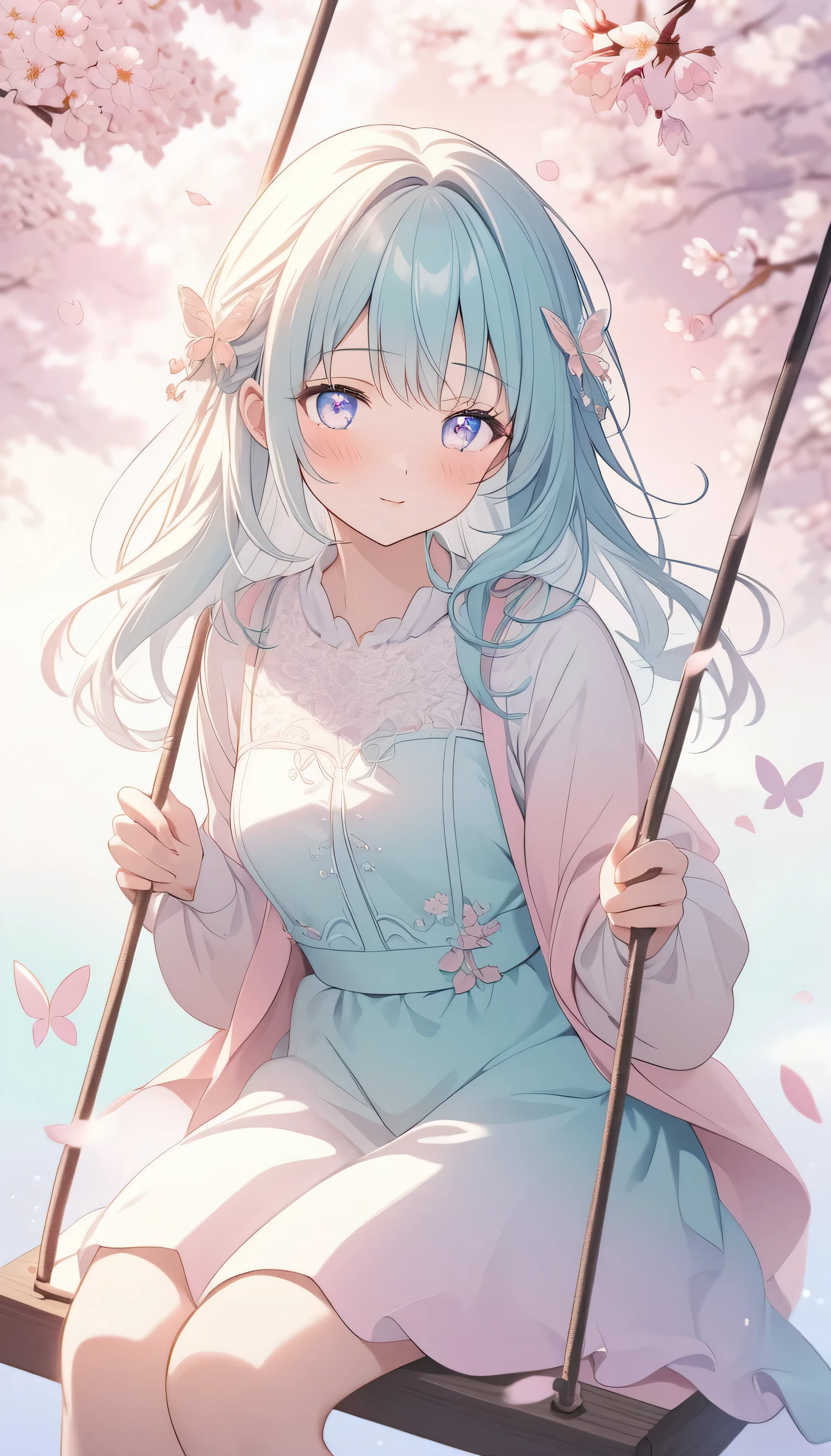 aesthetic lighting, pastel colors, soft brush strokes, dreamy atmosphere. (best quality, highres), detailed eyes, cute outfit, sitting on a swing, surrounded by cherry blossoms, a gentle breeze, cherry blossom petals floating in the air, soft smile, anime-style hair, long eyelashes, slightly pouting lips, blush on the cheeks, longing gaze, peaceful background, peaceful background, butterflies fluttering around, tranquil mood, delicate details, vibrant colors.