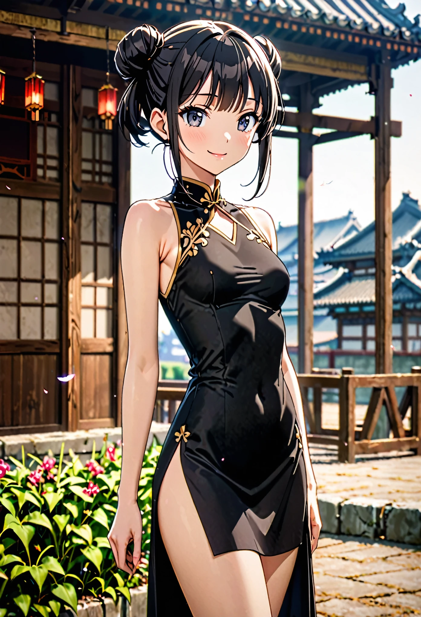 ((high quality anime, 8k,masterpiece,Perfect Anatomy)),cowboy shot,1 female,(beautiful detailed face and eyes,gorgeous eye:1.3,black eyes),master of success、The perfect 20 years old,Black Hair、Straight hair,blunt bangs,twin bun,up hair,hair flaps, smile,small breasts,small face:1.5,slender body,skinny,A short black Chinese dress、Sleeveless、Thigh、Lots of exposure、Deep slit、Arena、Outdoor、