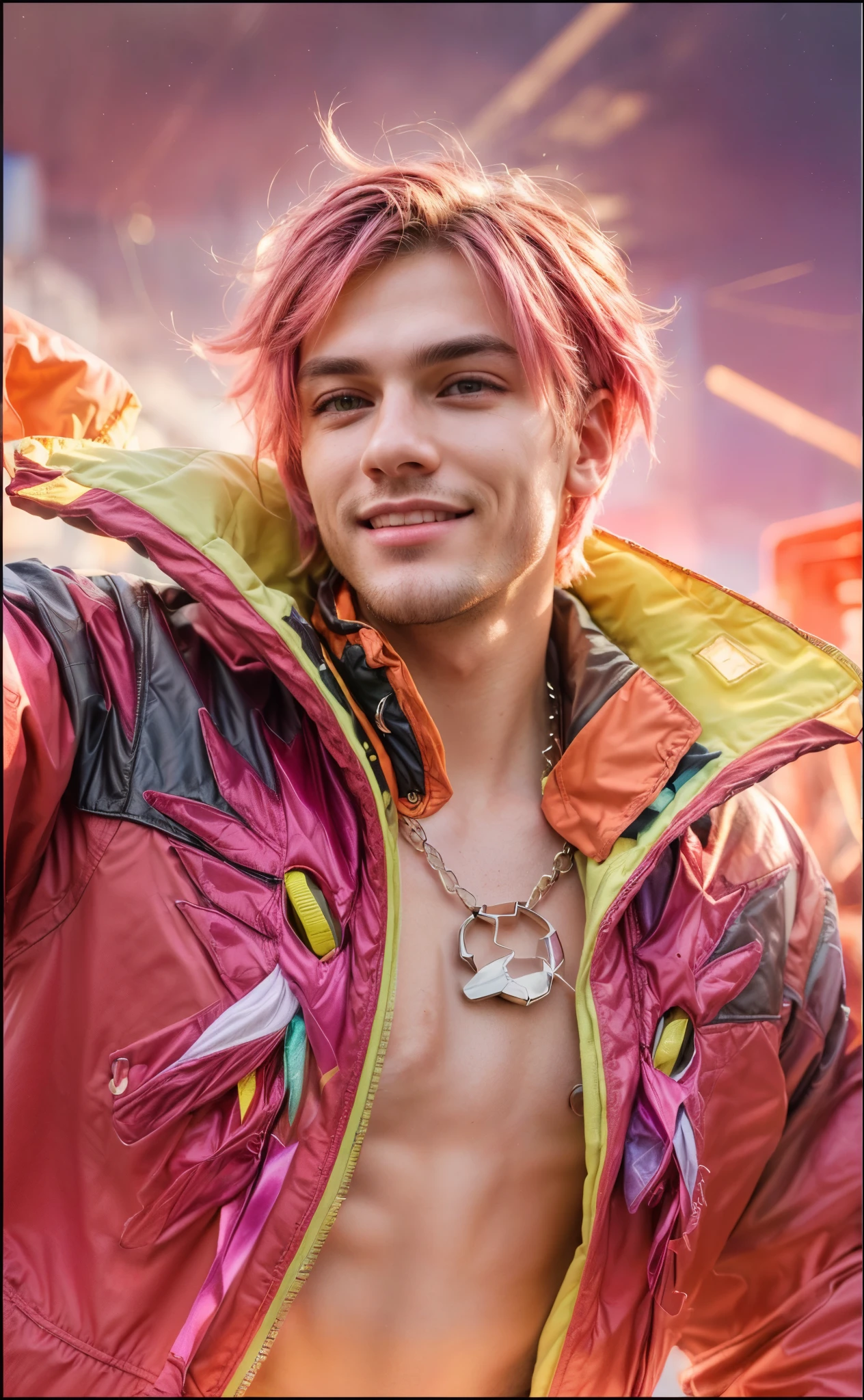 (best quality,highres,ultra-detailed),portrait,close-up shot,1man,pink hair,red jacket,vibrant colors,detailed facial features,serious expression,smooth skin,natural lighting,stylish,modern hairstyle,trendy fashion,urban background,contrast lighting,strong jawline,cool attitude,confident gaze,male,handsome,smile,charismatic,beard
