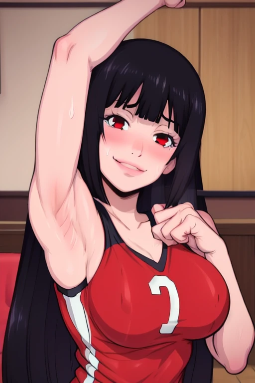 masterpiece, best quality, jabami yumeko, looking at viewer, black hair, red eyes color, large breasts, upper body, portrait, looking at viewer, seductive smile,both hands raised, armpits, armpits visible, sweaty armpits,, wearing volleyball uniform