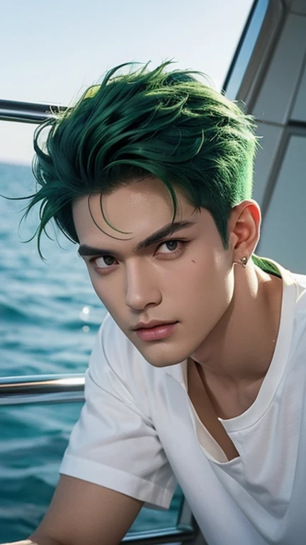 (masterpiece), best quality, perfect face, 1boy, a handsome man, a man, full body, on the ship, sea, Roronoa Zoro, scar cross-eye, green hair, white shirt, earrings