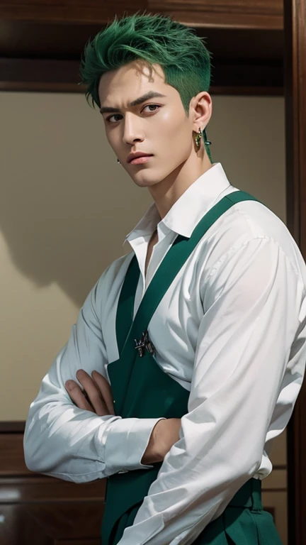 (masterpiece), best quality, perfect face, 1boy, a handsome man, a man, full body, on the ship, sea, Roronoa Zoro, scar cross-eye, green hair, white shirt, earrings