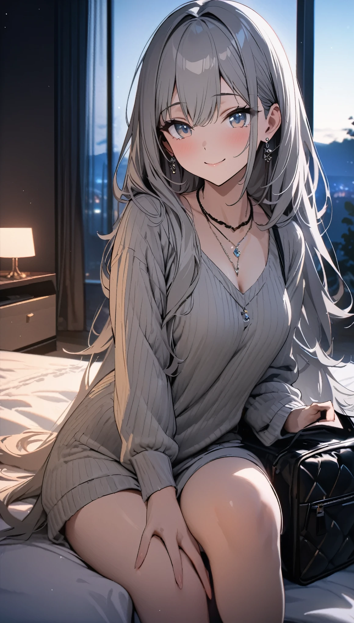 Gal、Sitting on the couch、hair is gray、laughing、Around 25 years old、Anime style illustration long hair, 