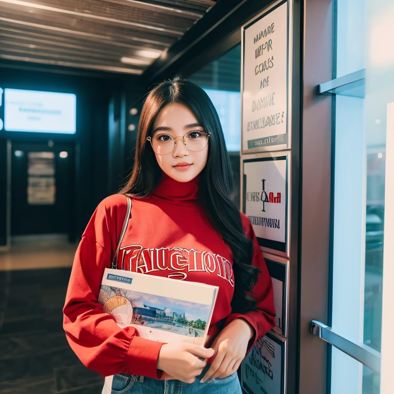 A beautiful Indonesian Muslim girl aged 30 years, she is wearing a long red casual shirt, glasses, holding a banner with the words "congratulations" and a bouquet of flowers. She is standing next to a large billboard with the words "FANNIE MIONE" written in bold and clear font and image of a group of people, he is standing in the hallway of a building that has glass on the left and right, and colorful lights at night, with a sharp face, ultra HD realistic.photo full HD, perfect clear contrast, 16k, front focus; original photo.beautiful digital painting, beautiful art uhd 4k, beautiful digital artwork, beautiful digital illustration, very beautiful portrait, beautiful detailed portrait, beautiful digital art, very digital art beautiful, stunning digital painting, detailed beauty portrait, beautiful digital painting, 4k detailed painting, beautiful beautiful digital art, UHD, realistic, faint smile.