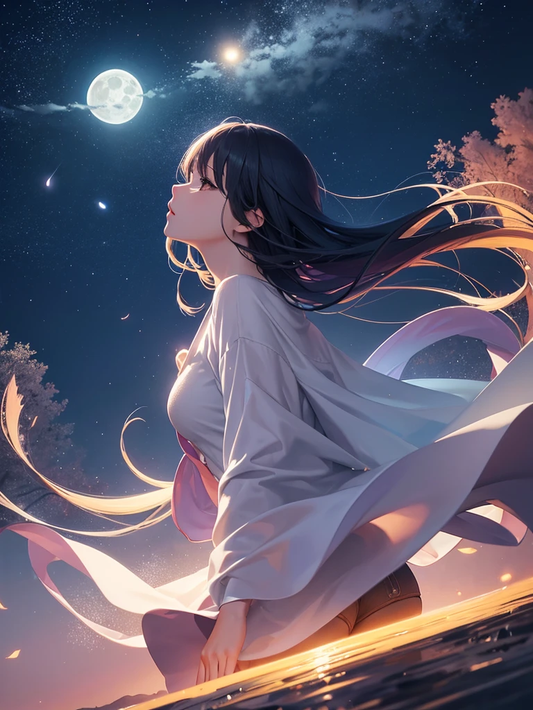 Night scenery with moon, A bright moon in the sky, ( just the scenario without character), anime scenery,  with ultra-realistic lines and details in high definition.