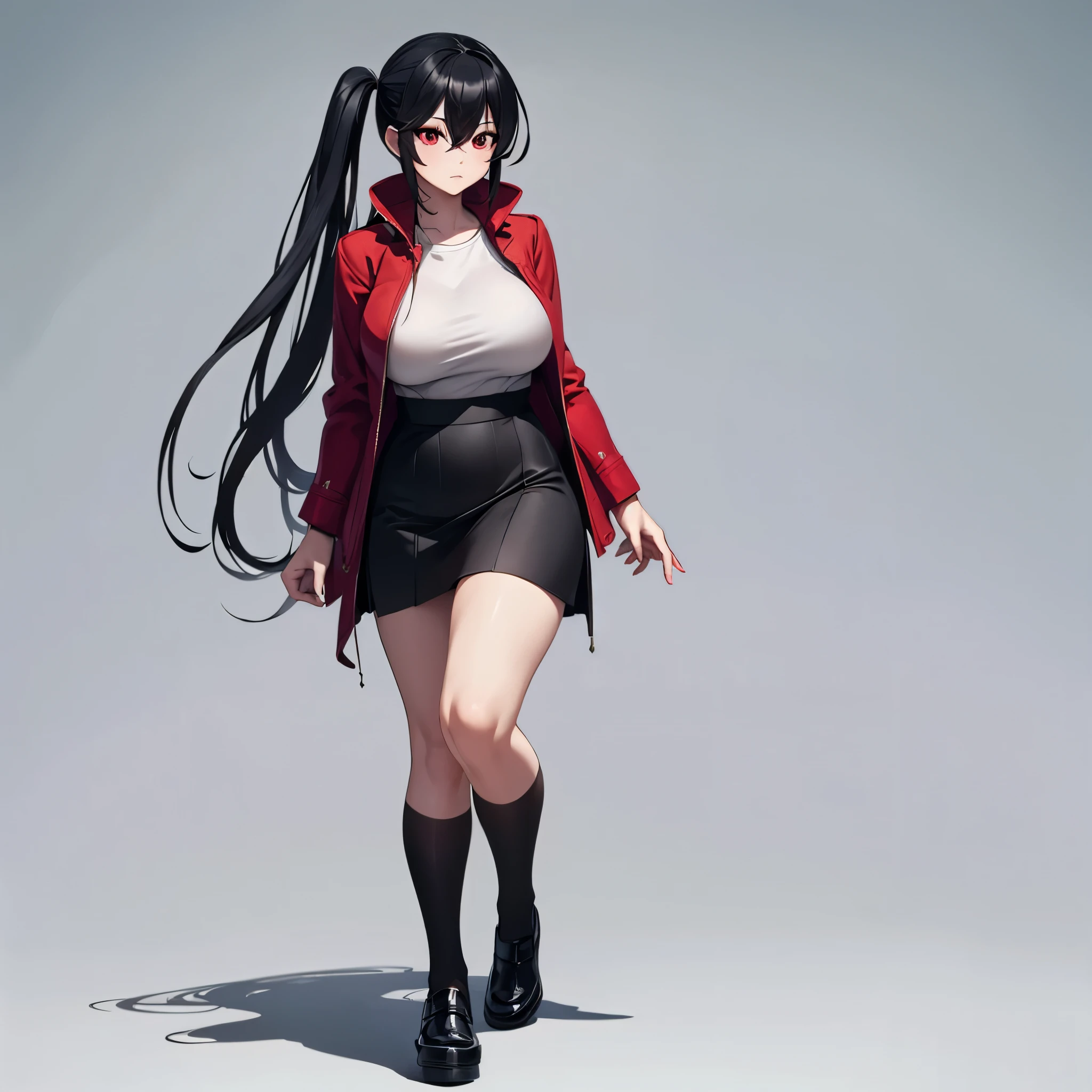 A woman wearing a red coat, white t-shirt, black bow on the t-shirt, black skirt, black tights, big breast, black women's shoes, long black hair, pigtails, red bow in her hair, red eyes, kawaii face, walking on a school trip, full body, surrealism, drop shadow, anaglyph, stereogram, tachi-e, pov, atmospheric perspective, surrealism, flower, 8k, super detail, accurate, best quality, UHD, anatomically correct, textured skin, high quality.