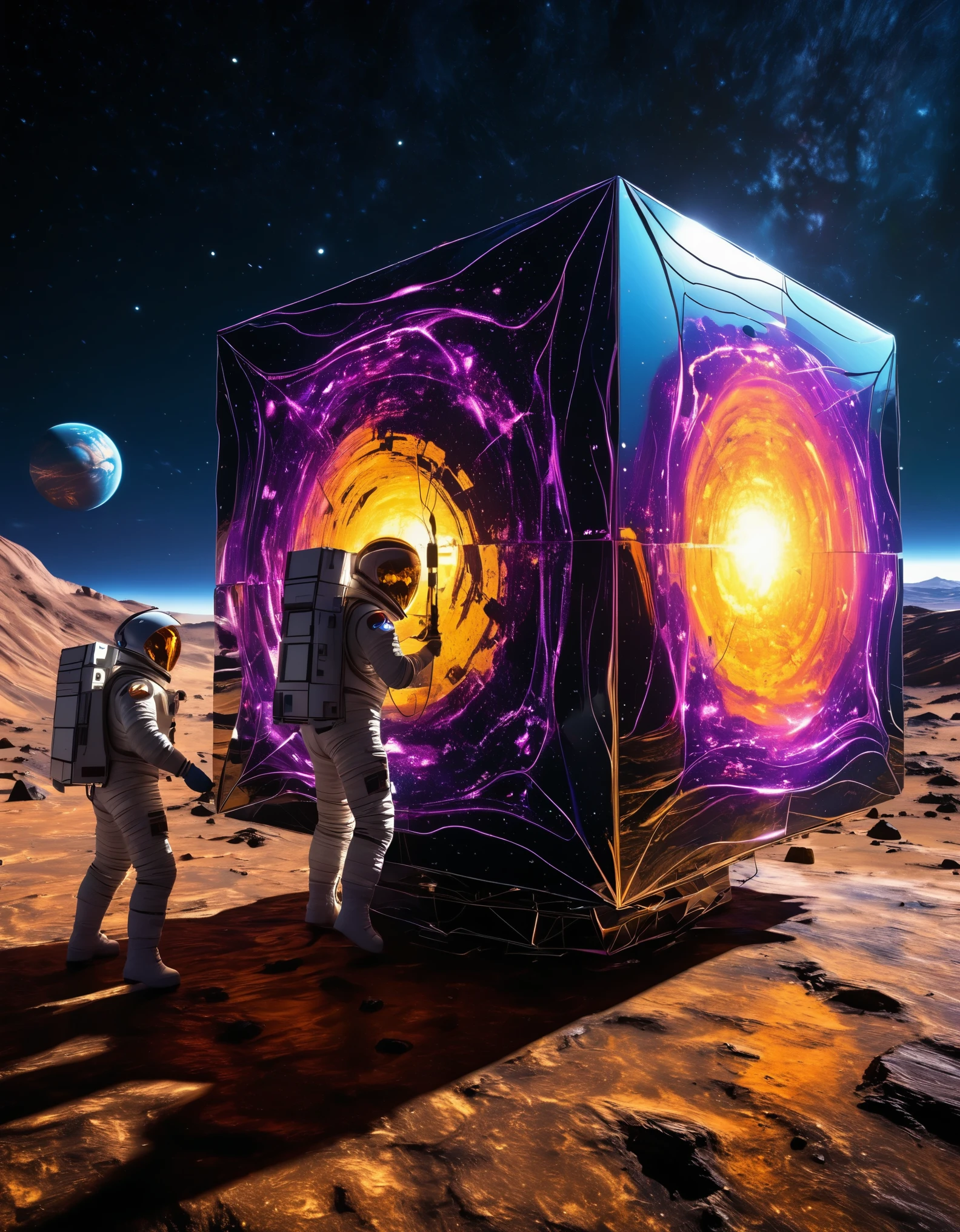 two astronauts investigating a massive cube on an alien planet. The cube is hyper reflective and each face reflects a unique planetary biome. The top of the cube is crackling with electricity reaching toward a star for power, vivid clear, ultra high-resolution