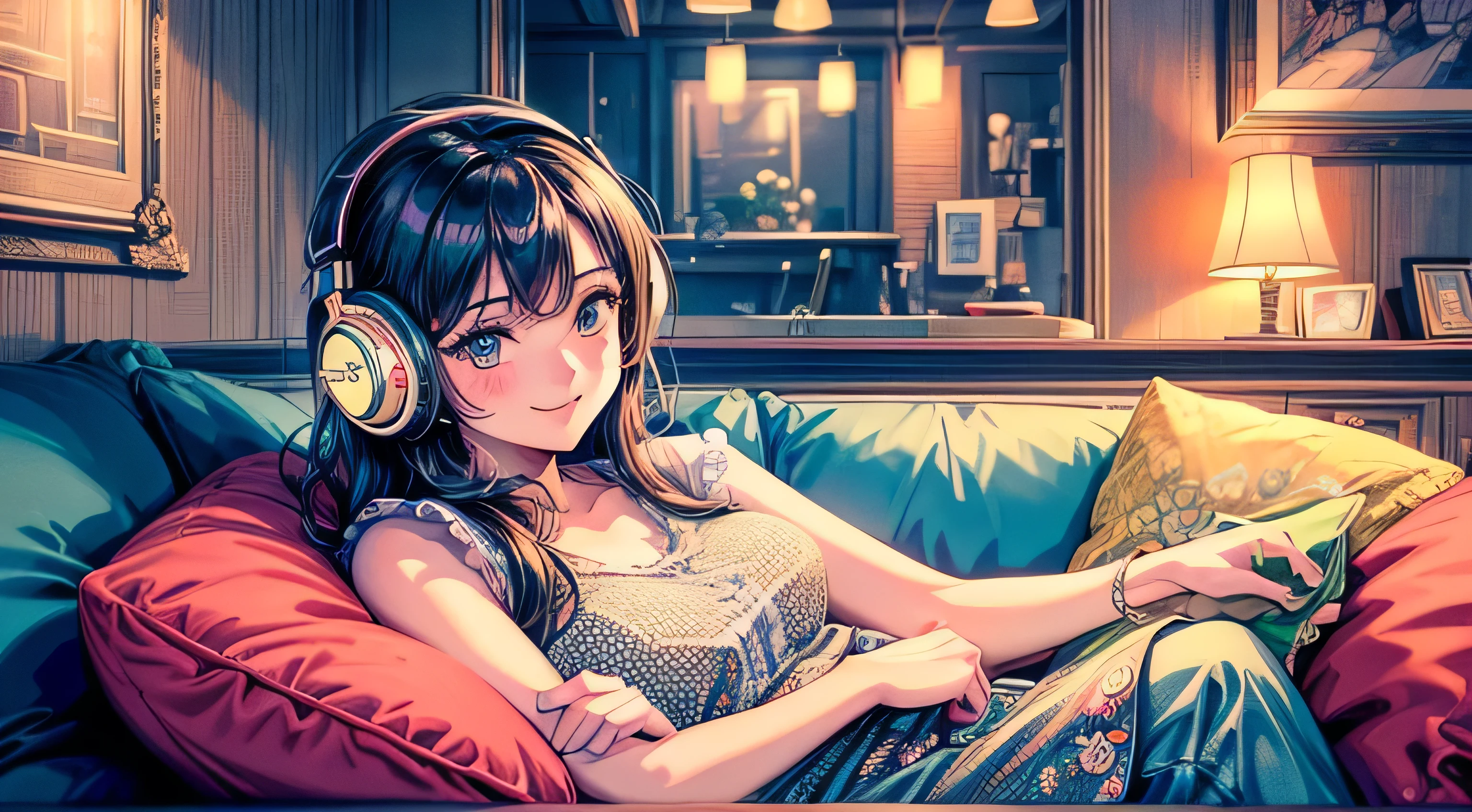highest quality, 4k wallpaper, masterpiece, Very detailed CG Unity 8k wallpaper, Very fine grain, Very detailed, Intricate details, Close-up of one happy girl in the center, Retro art style, neon_Pop Art Style, indoor,Relax on the sofa,headphone,cushion