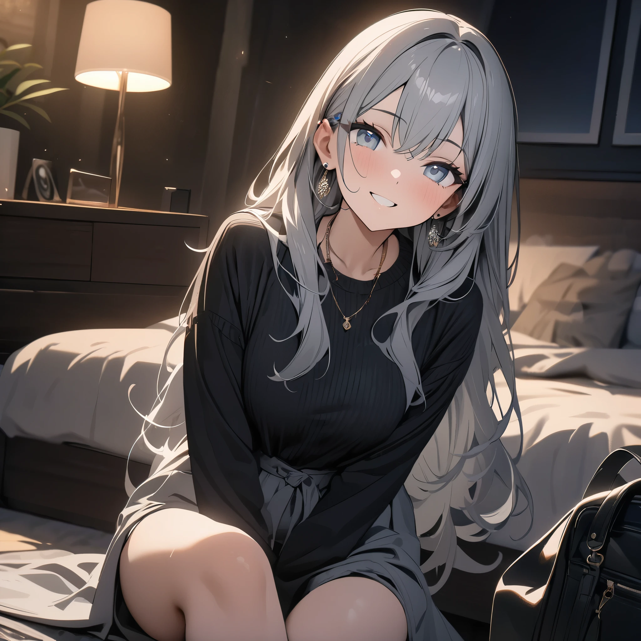 masterpiece, highest quality, Ultra-high resolution, Ultra-fine, 4K, 8k, highest quality, beautiful, Cute Woman, alone, (beautiful,Gray Hair, beautiful eyes, Long Hair, smile), Crossing your legs,Bedroom,night,necklace, Earrings, accessories, bag, Great lighting,Excellent resolution,, Audio Notes