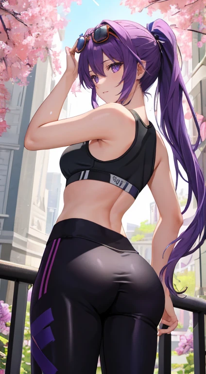 (masterpiece, best quality), high quality, absurdres, highres, ultra detailed, intricate, beautiful woman, 1girl, kafka \(honkai: star rail\), star-kafka, looking at viewer, from behind, looking back, ass, toned, sports bra, leggings, high-waist pants, yoga pants, ponytail, purple hair, purple eyes, sunglasses, hair between eyes, eyewear on head, outdoors,