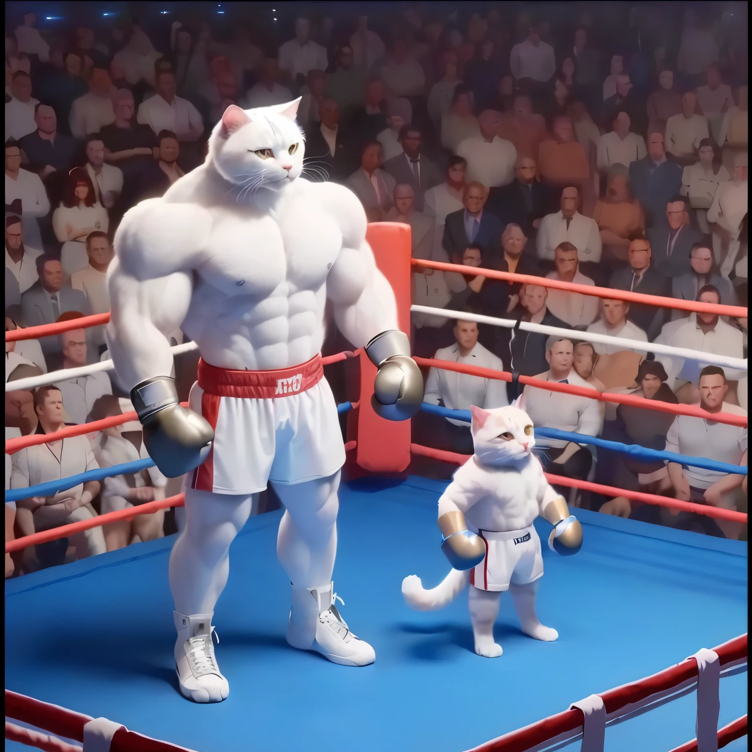 there is a cat standing next to a boxing ring with a cat, new cats movie, amazing cgi, professional cgi, vray and arnold, award winning cgi, posing for a fight intricate, muscular characters, 3 d animated movie, sfw version, posing ready for a fight, in a fighting pose, realistic cgi, in a boxing ring, badass composition, boxing match