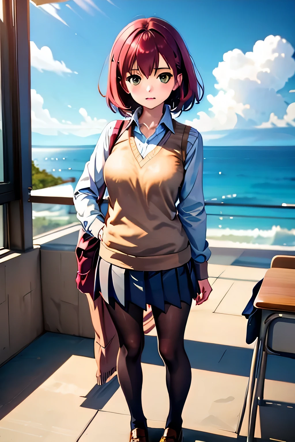 blurry, depth of field, blurry background, blurry foreground, rating:safe, 1girl, cloud, classroom, blue sky, sky, skirt, shoes, day, solo, window, school uniform, sweater vest, cloudy sky, red hair, black legwear, desk, indoors, kneehighs, loafers, green eyes, school desk, standing, pleated skirt, long sleeves, looking at viewer, ocean, short hair, full body, shirt