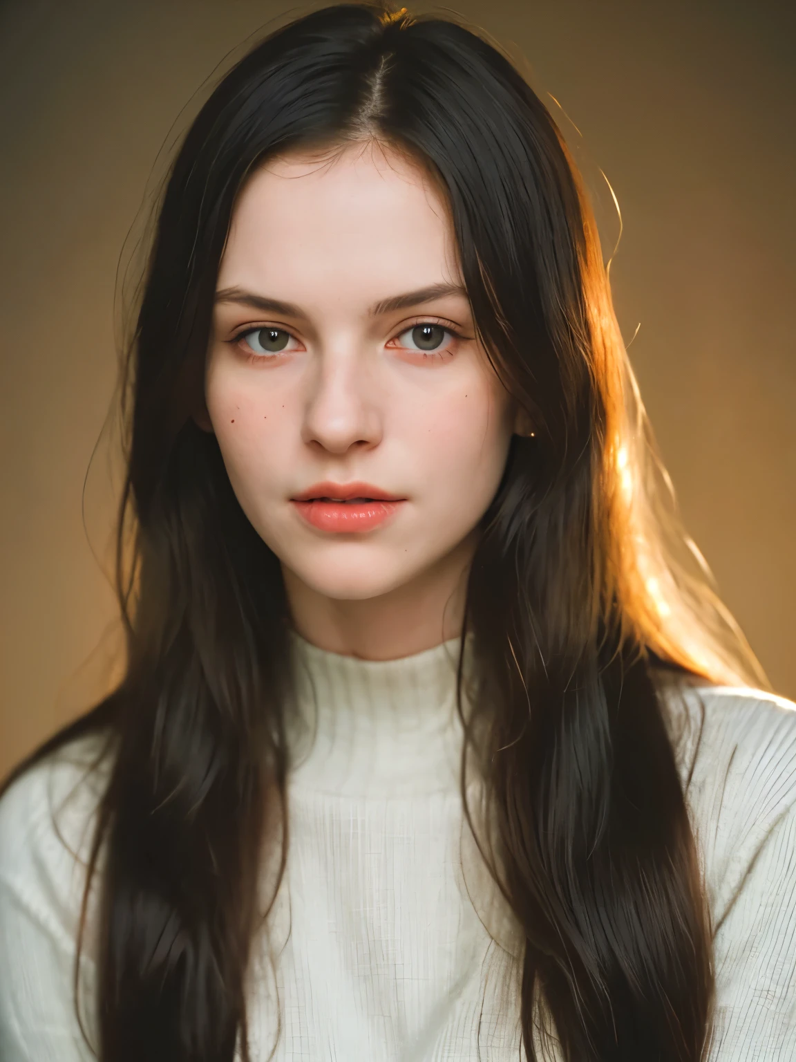 Photographic portrait, in the style of Richard Avedon, cute sexy 21 year old woman, pale skin, ultra textured leather, highly detailed face, long black wavy hair, seducing facial expression, wearing a cozy striped sweater, year 1963, dark background, warm colors, RAW candid cinema, 16mm, color graded portrait. 400 film, remarkable color, ultra realistic, captured on a (Nikon D850) RAW photo, full sharp, 8k uhd, dslr, soft lighting, high quality, film grain, Fujifilm XT3