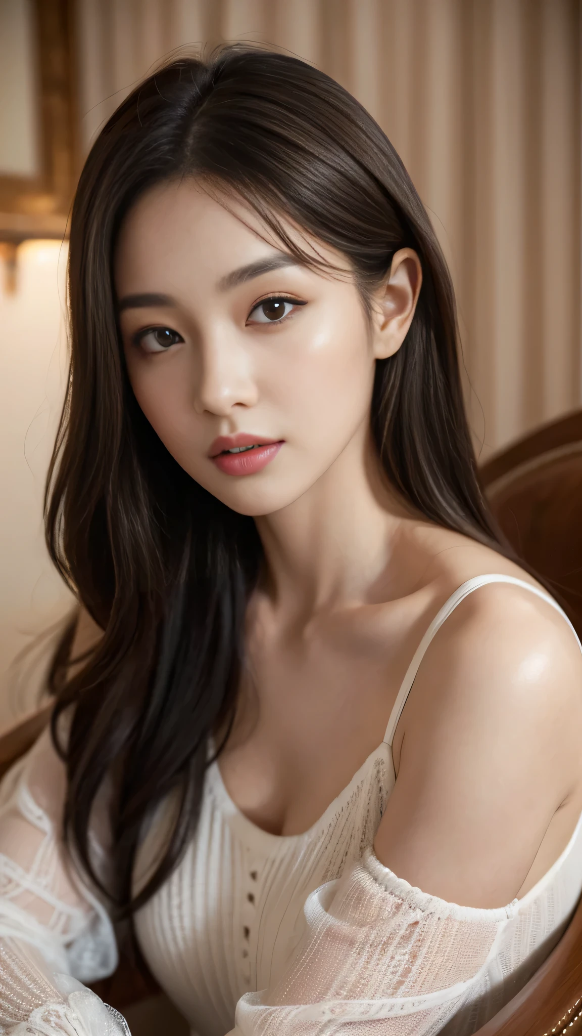 In the dimly lit indoor setting, an adult woman with dark brown hair cascading down to her shoulders and light brown eyes that sparkle with an enigmatic allure sits comfortably on a plush chair. The highest quality of this ultra-high definition image (1.4) showcases every intricate detail of her features, making her appearance all the more captivating.
Her face, around 40 years old, boasts elegantly lined features that add to her sophisticated beauty. The complex details of her face (1.2) are captured perfectly, highlighting the delicate structures of her nose, her plump, full lips, and her finely lined mouth. Her eyes, with detailed irises