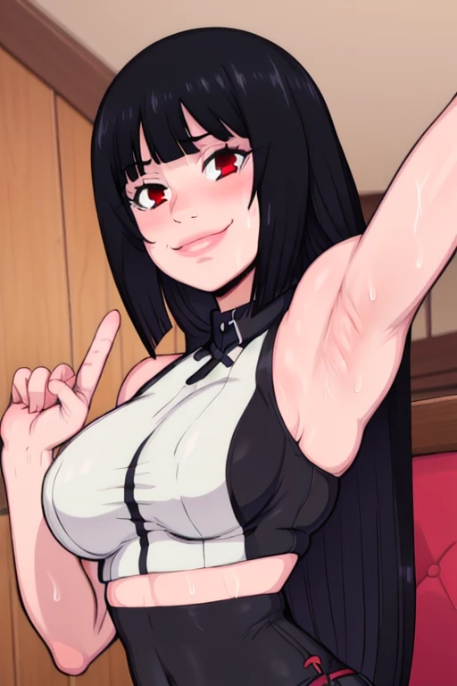 masterpiece, best quality, jabami yumeko, looking at viewer, black hair, red eyes color, large breasts, upper body, portrait, looking at viewer, seductive smile,both hands raised, armpits, armpits visible, sweaty armpits,, wearing black croptop, croptop